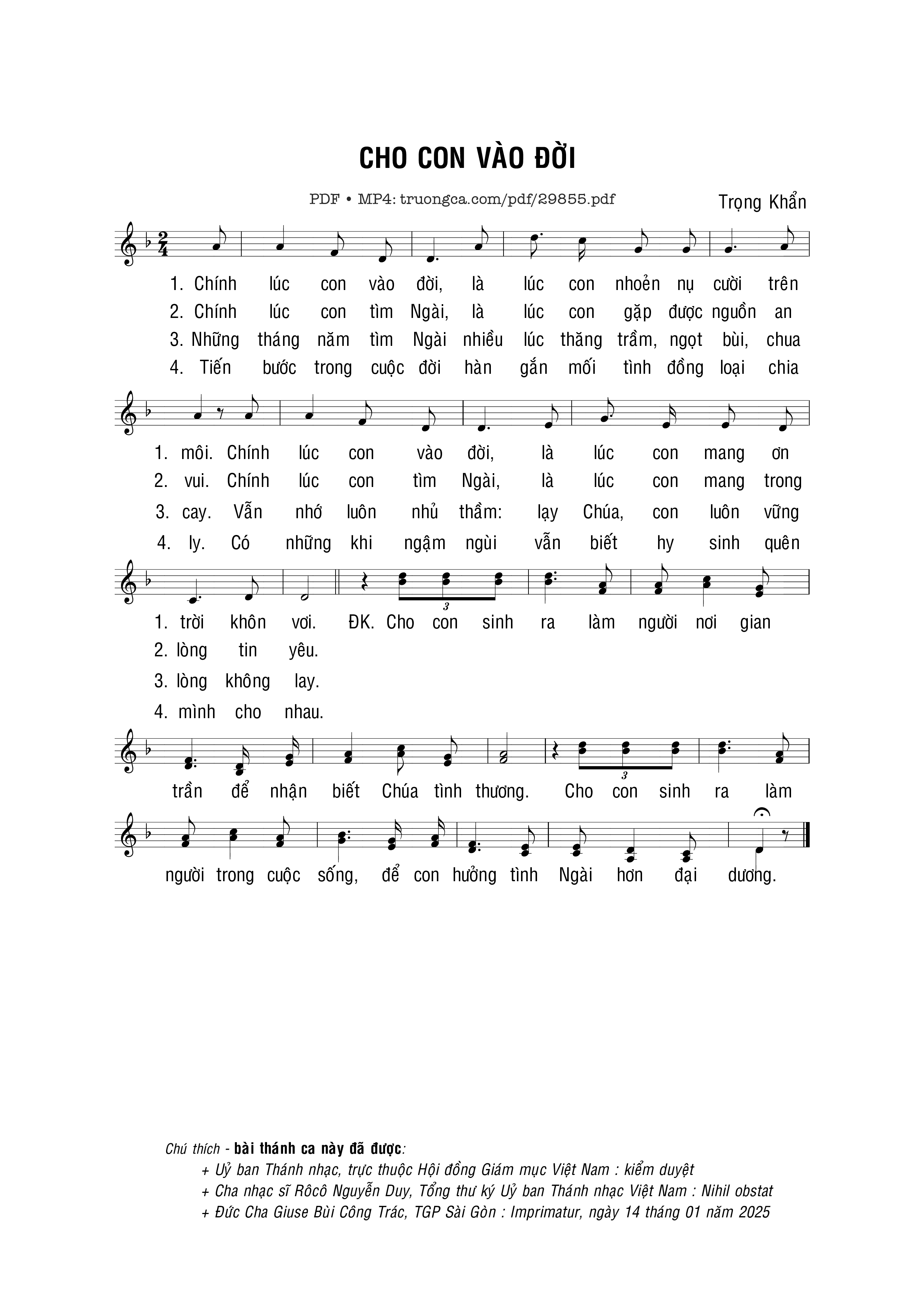 Sheet nhạc PDF bài Cho con vào đời