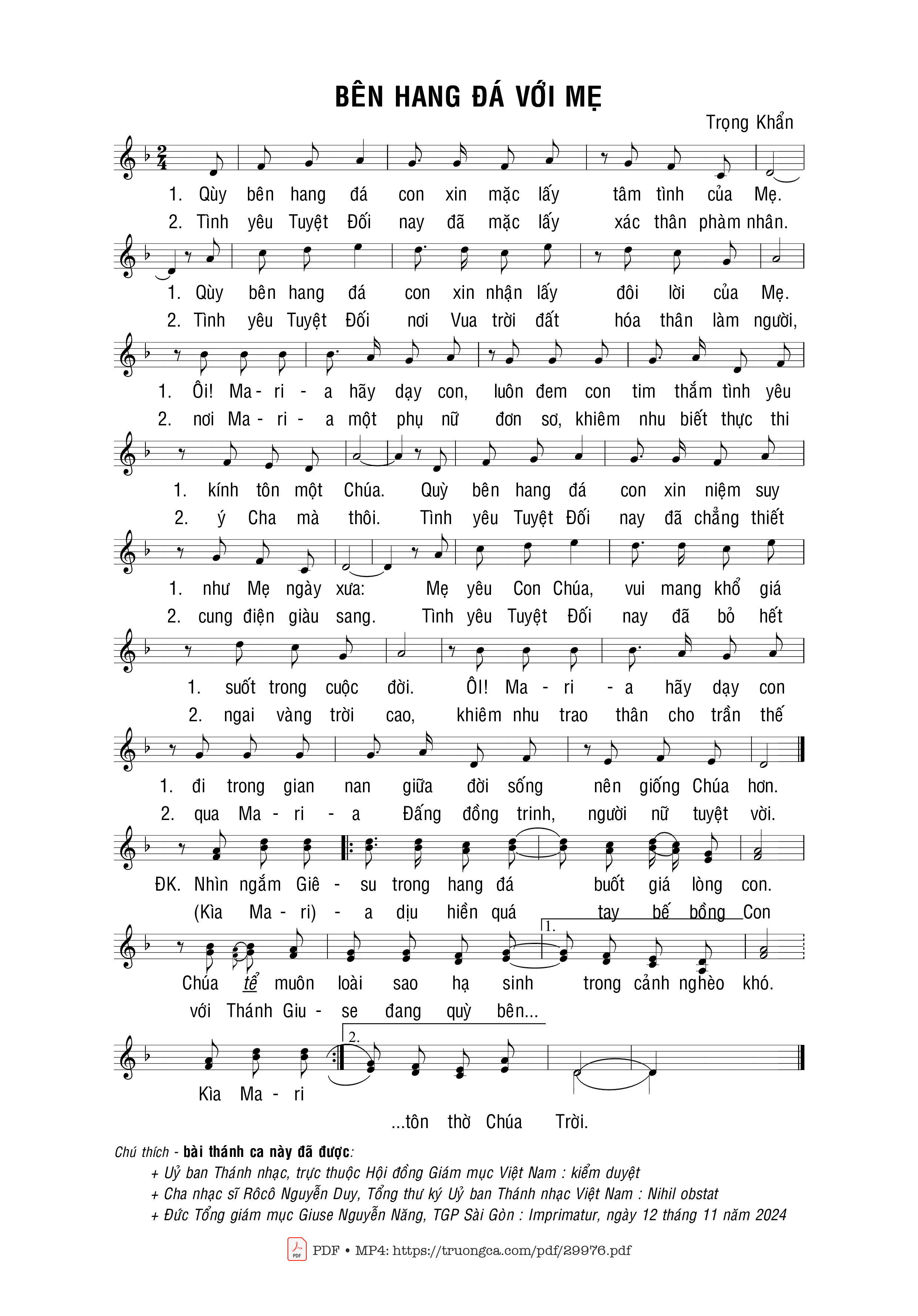 Sheet nhạc PDF bài Bên hang đá với Mẹ