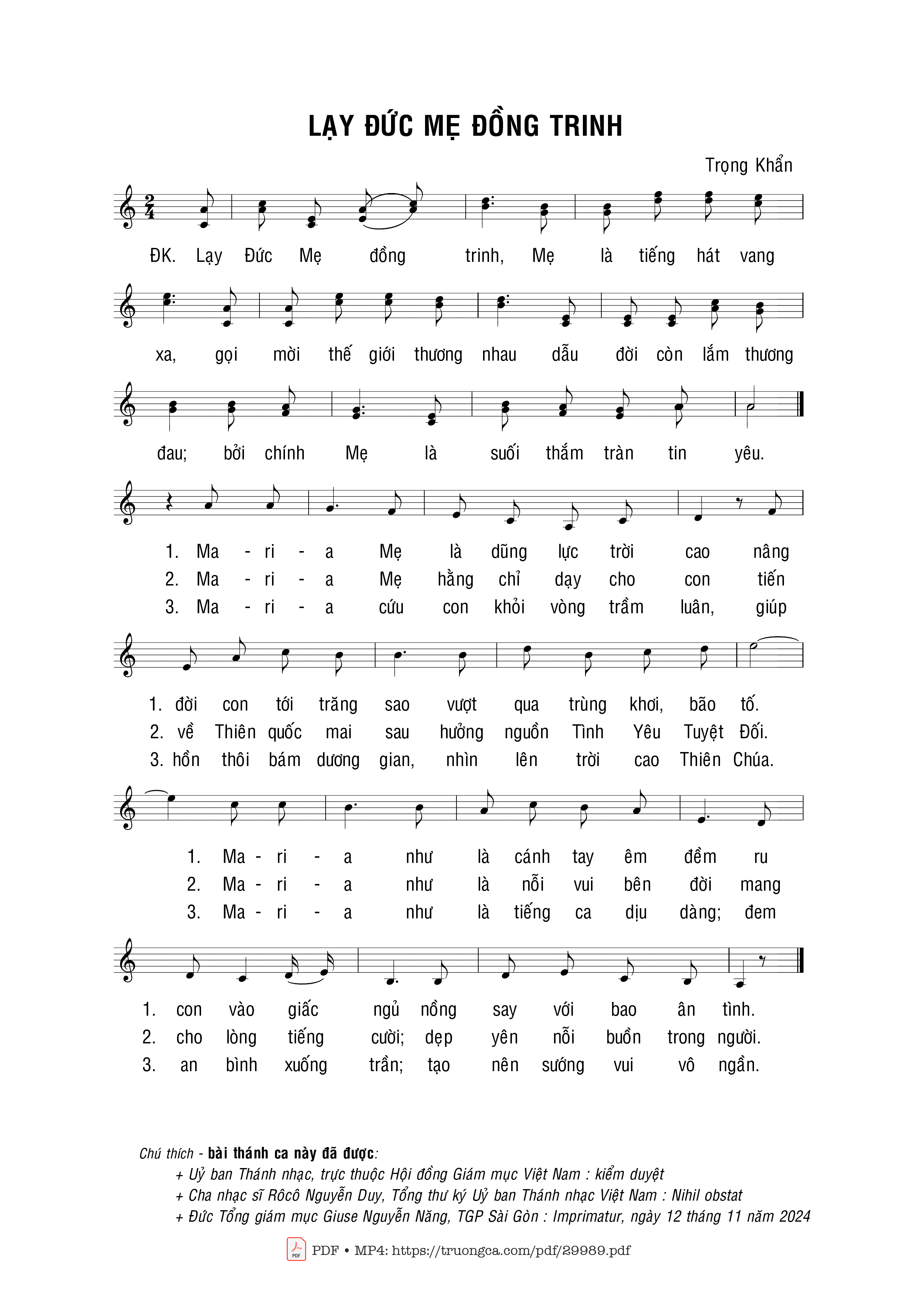 Sheet nhạc PDF bài Lạy Đức Mẹ đồng trinh