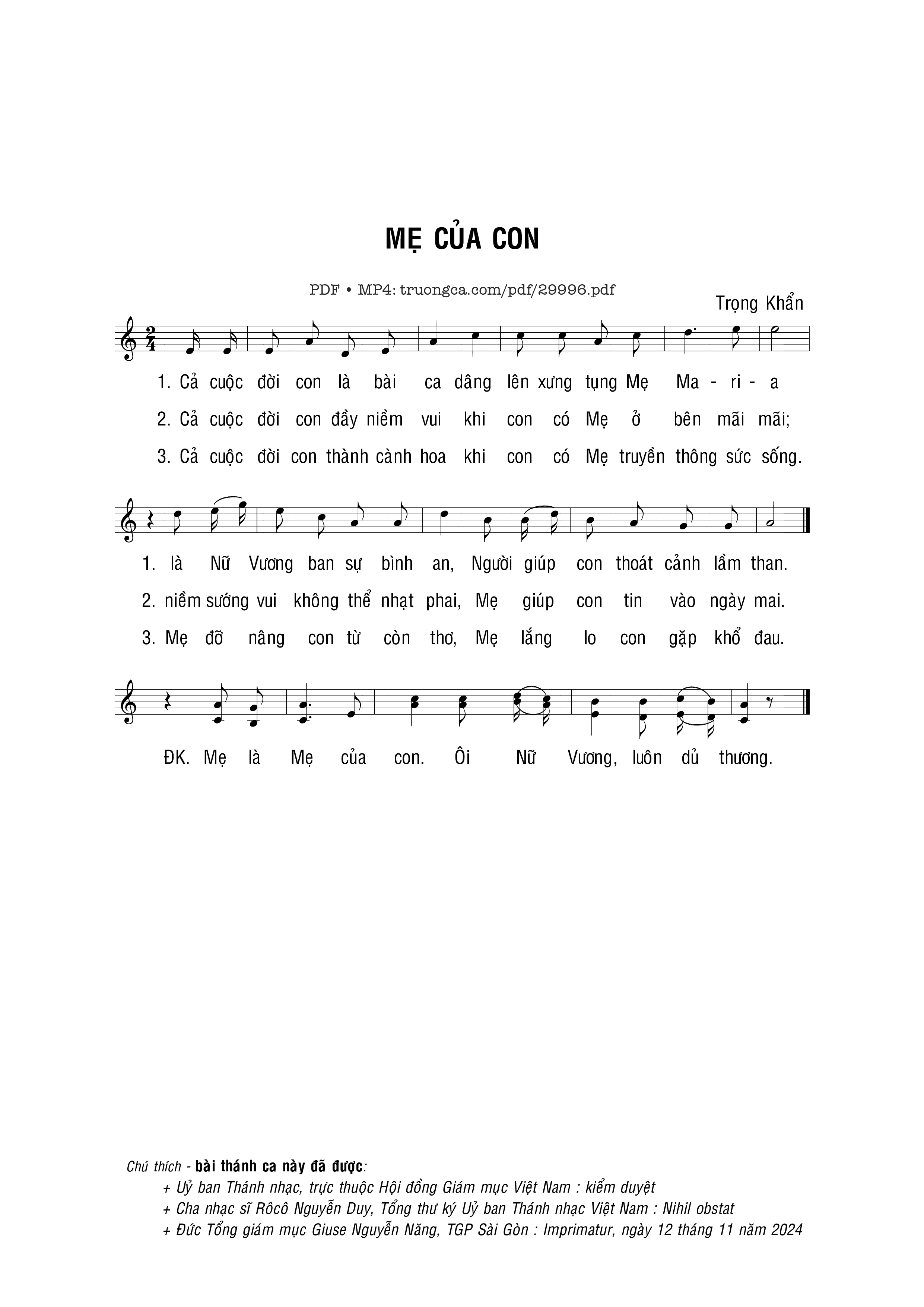 Sheet nhạc PDF bài Mẹ của con - Trọng Khẩn