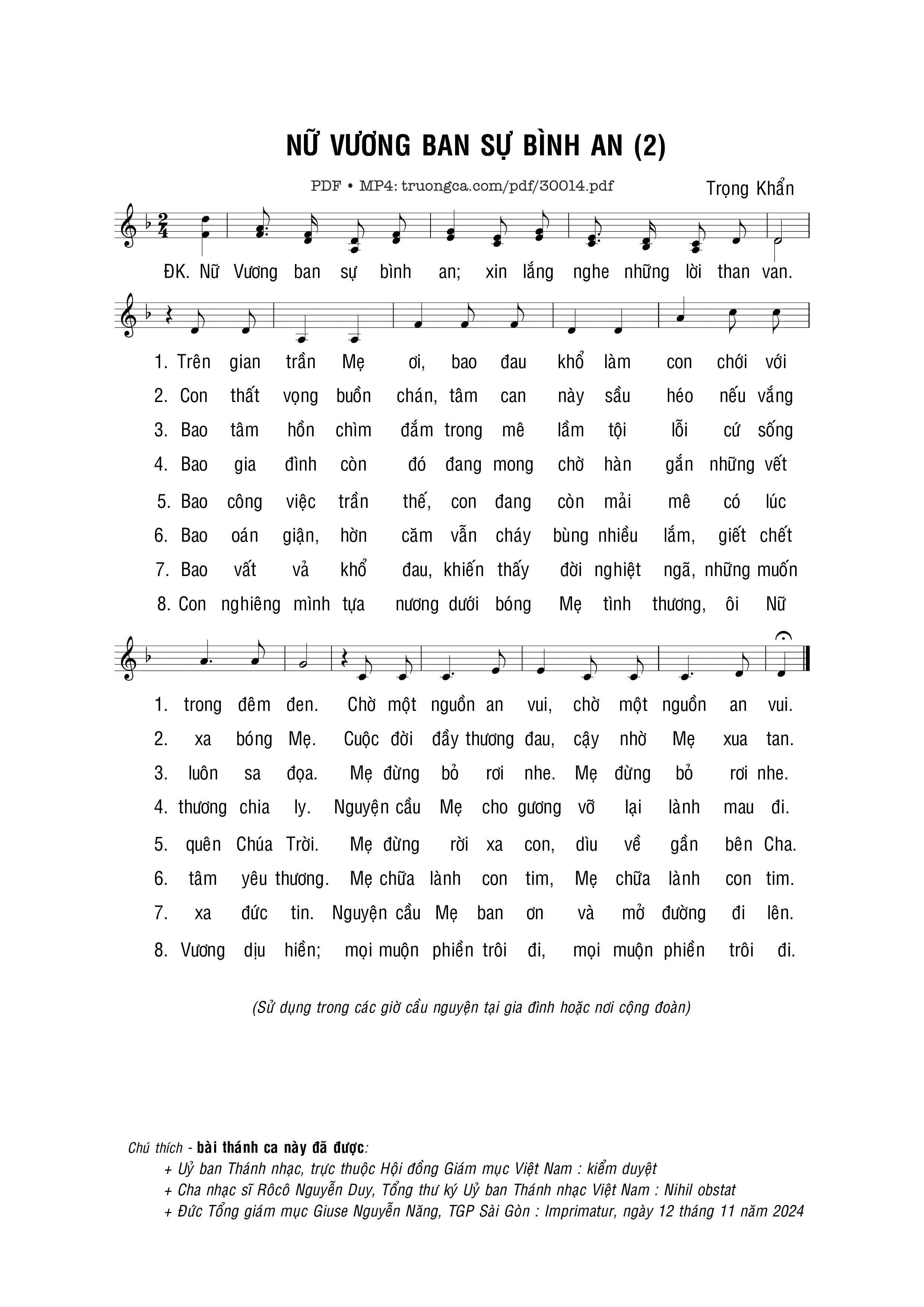 Sheet nhạc PDF bài Nữ Vương ban sự bình an II