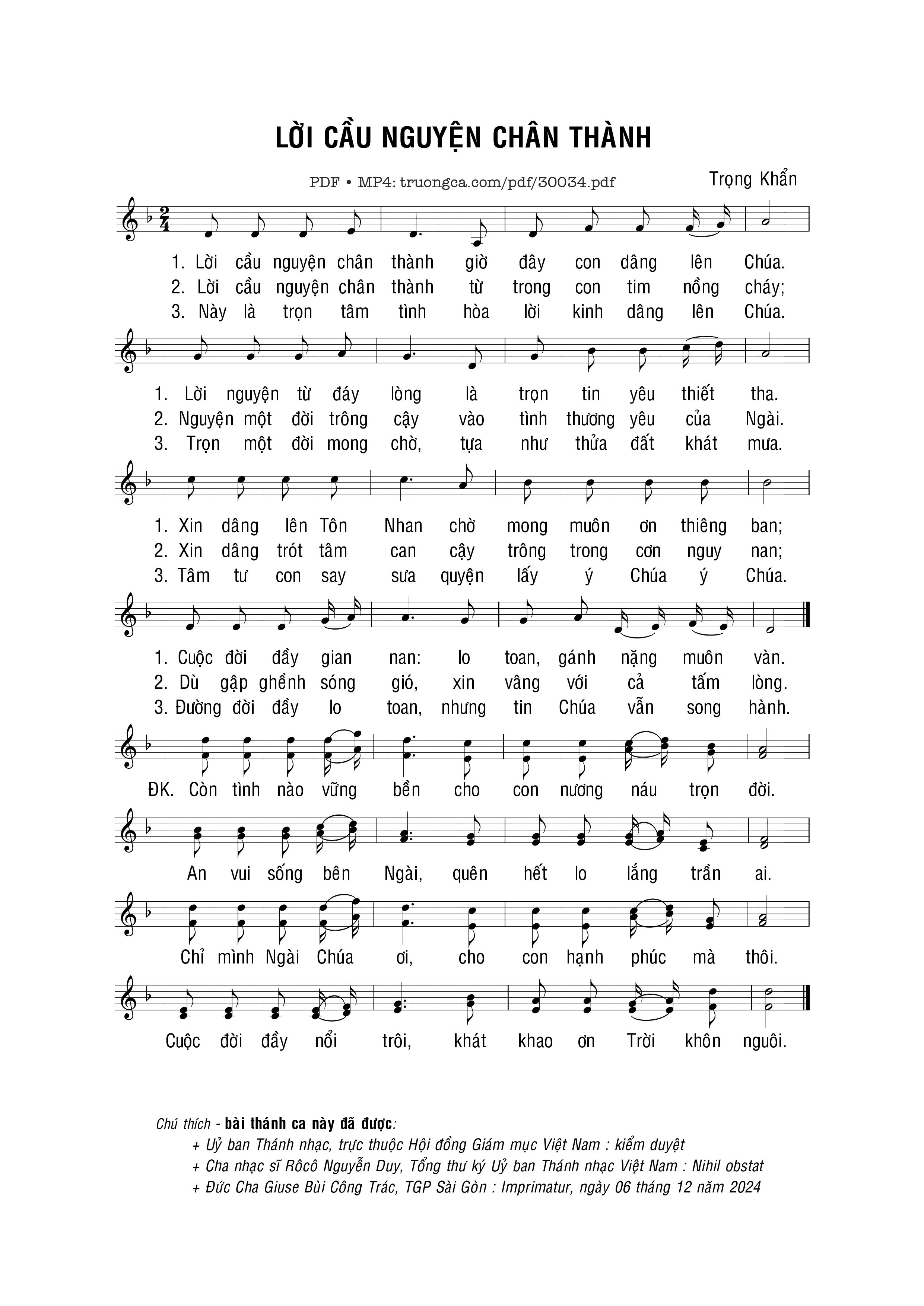 Sheet nhạc PDF bài Lời cầu nguyện chân thành