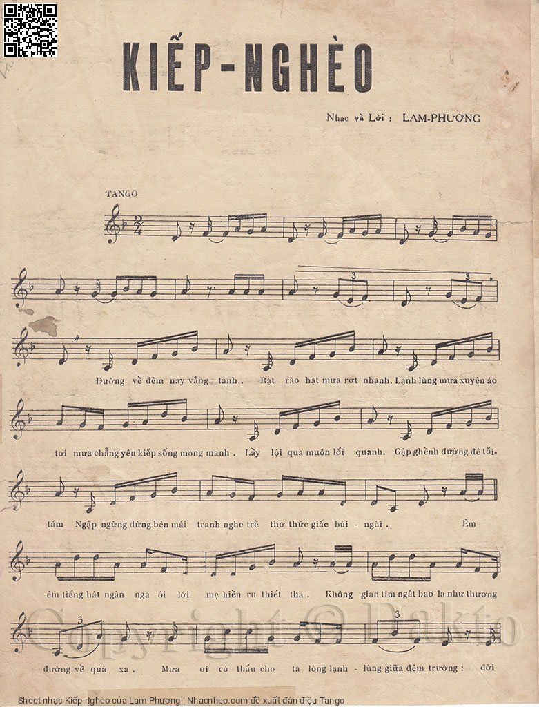 Trang 2 của Sheet nhạc PDF bài hát Kiếp nghèo - Lam Phương, Đường về đêm nay vắng  tanh rạt rào hạt mưa rớt nhanh. Lạnh lùng mưa xuyên áo tơi mưa chẳng  yêu kiếp sống mong  manh.