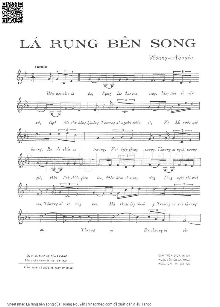 Trang 1 của Sheet nhạc PDF bài hát Lá rụng bên song - Hoàng Nguyên, 1. Hôm nao nhìn lá  úa rụng lác đác bên  song. Mây trôi về viễn  xứ gợi tiếc nhớ bâng  khuâng