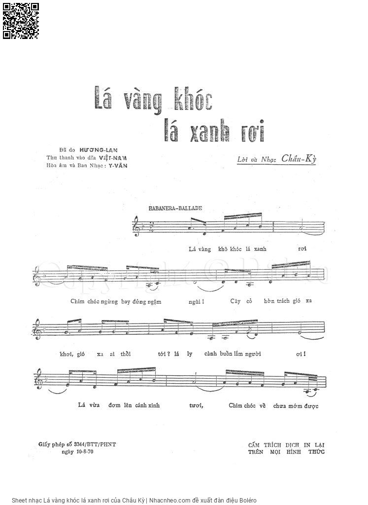 Trang 1 của Sheet nhạc PDF bài hát Lá vàng khóc lá xanh rơi - Châu Kỳ, 1.Lá vàng khô khóc lá xanh  rơi. Chim chóc ngừng bay, đứng ngậm  ngùi Cây cỏ  hờn trách gió xa  xôi