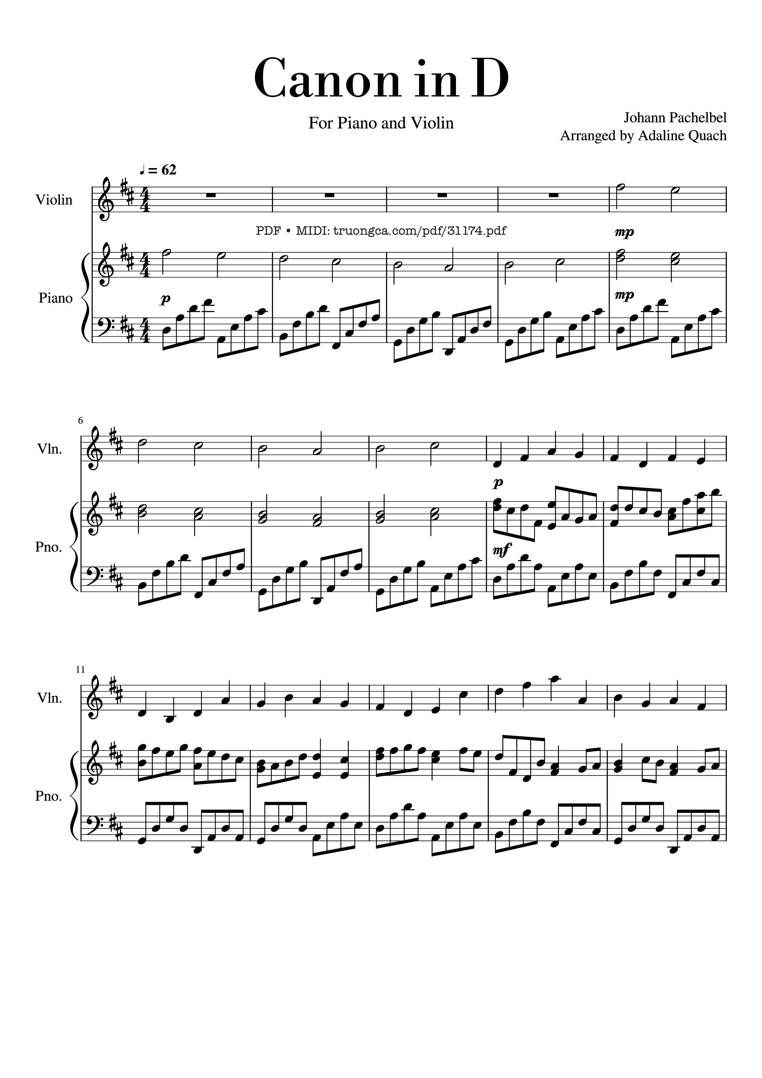 Sheet nhạc PDF bài Canon in D major Piano Violin