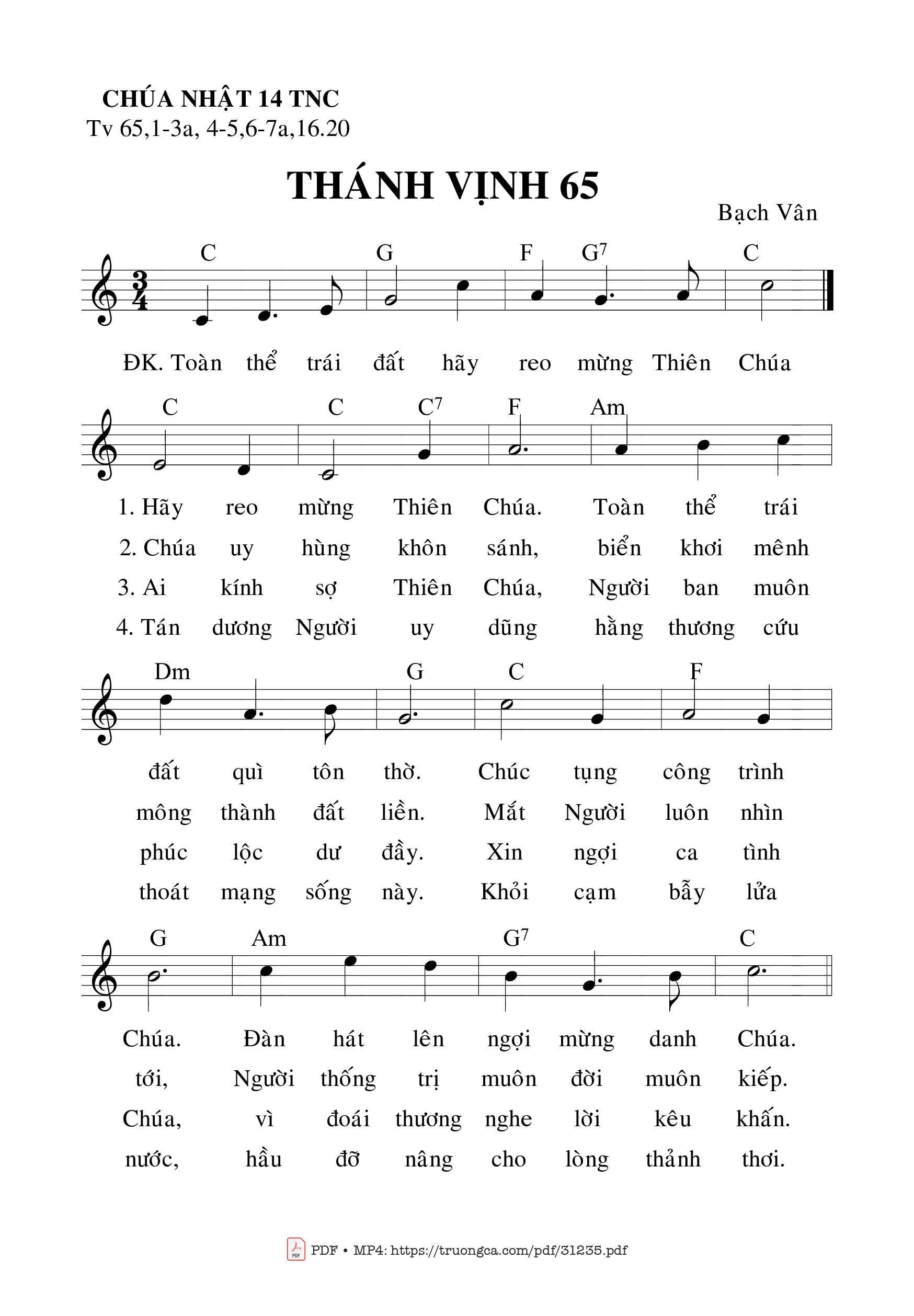 Trang 1 của Sheet nhạc PDF bài hát Thánh Vịnh 65, Chúa Nhật 14C Thường Niên - Bạch Vân