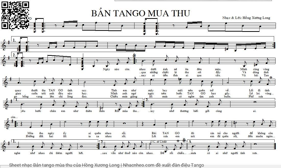 Trang 1 của Sheet nhạc PDF bài hát Bản tango mùa thu - Hồng Xương Long, 1. Ngày nào còn  nhau dưới ánh nêon đèn  màu