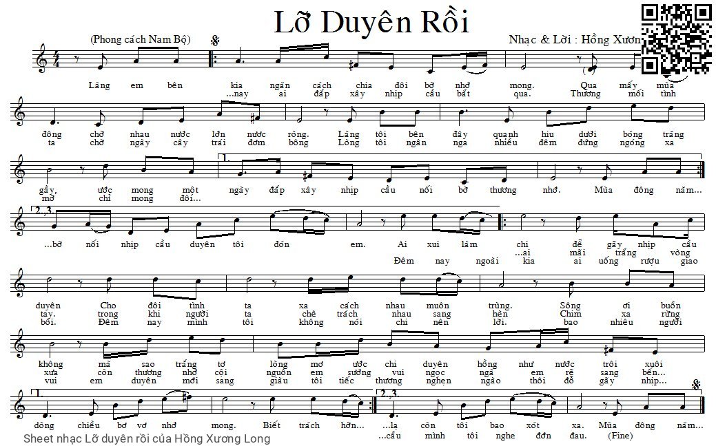 Trang 1 của Sheet nhạc PDF bài hát Lỡ duyên rồi - Hồng Xương Long, 1. Làng em bên  kia ngăn cách chia đôi bờ nhớ  mong. Qua mấy mùa  đông chờ nhau nước lớn nước  ròng