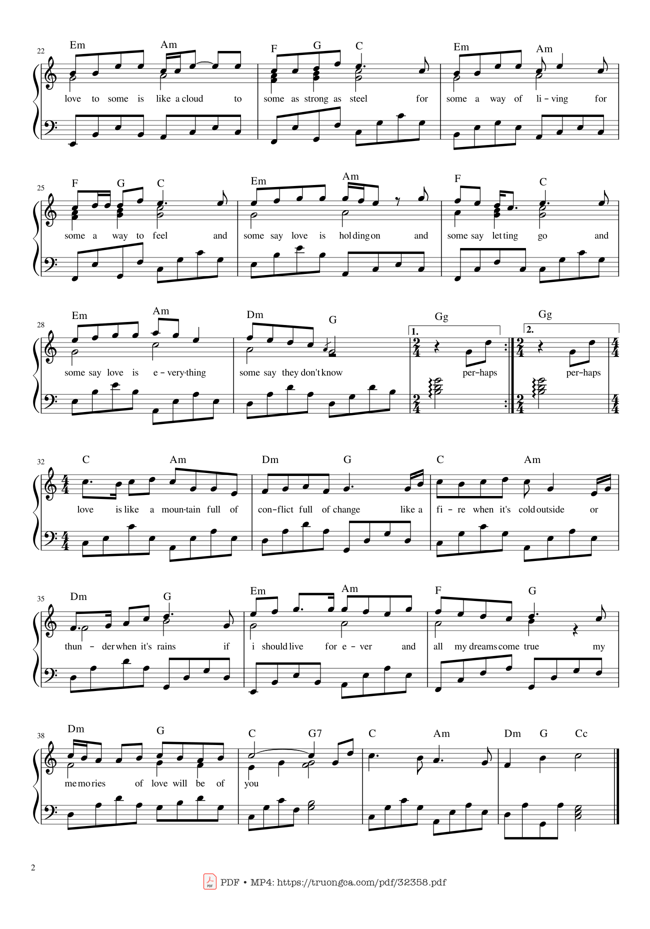 Trang 2 của Sheet nhạc PDF Piano bài hát Perhaps love Piano (Tone C with lyric) - John Denver