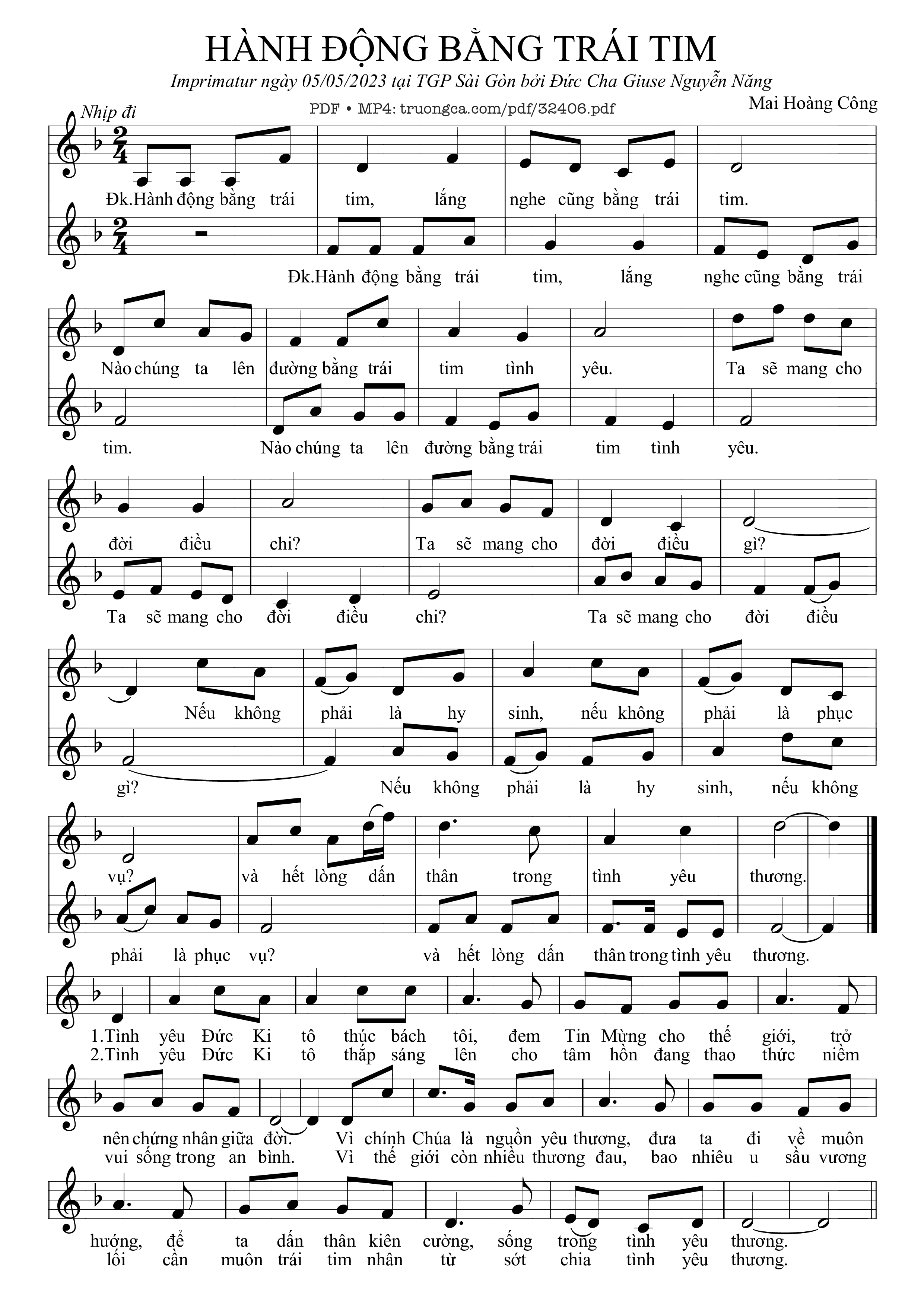 Sheet nhạc PDF bài Hành Động Bằng Trái Tim