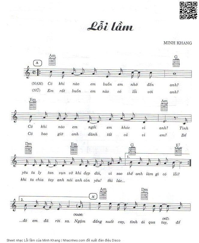 Sheet nhạc Lỗi lầm - Minh Khang