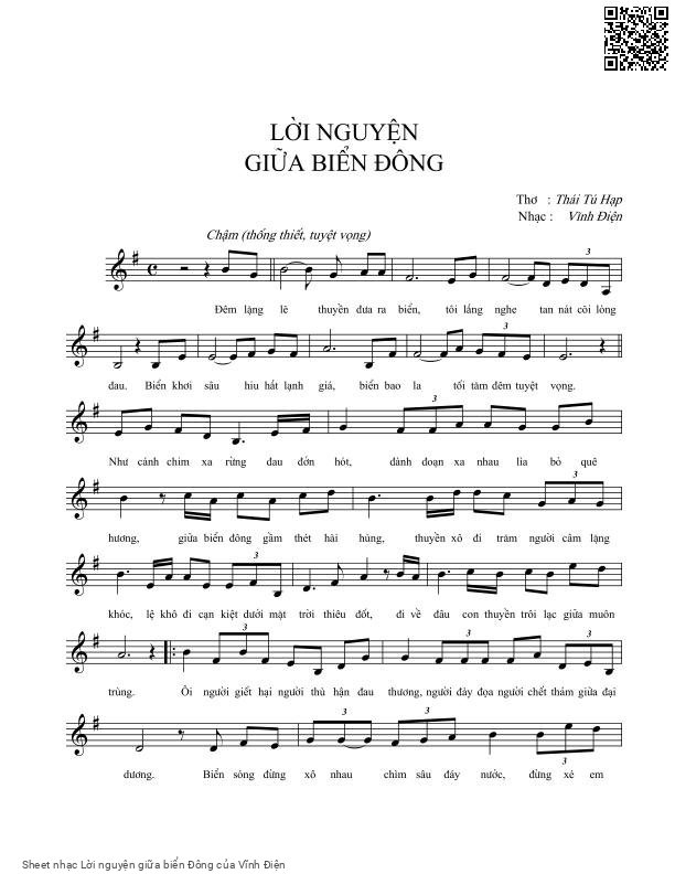 Trang 1 của Sheet nhạc PDF bài hát Lời nguyện giữa biển Đông - Vĩnh Điện, Đêm lặng  lẽ thuyền đưa ra  biển. Tôi lắng  nghe tan nát cõi lòng  đau Biển khơi  sâu hiu hắt lạnh giá