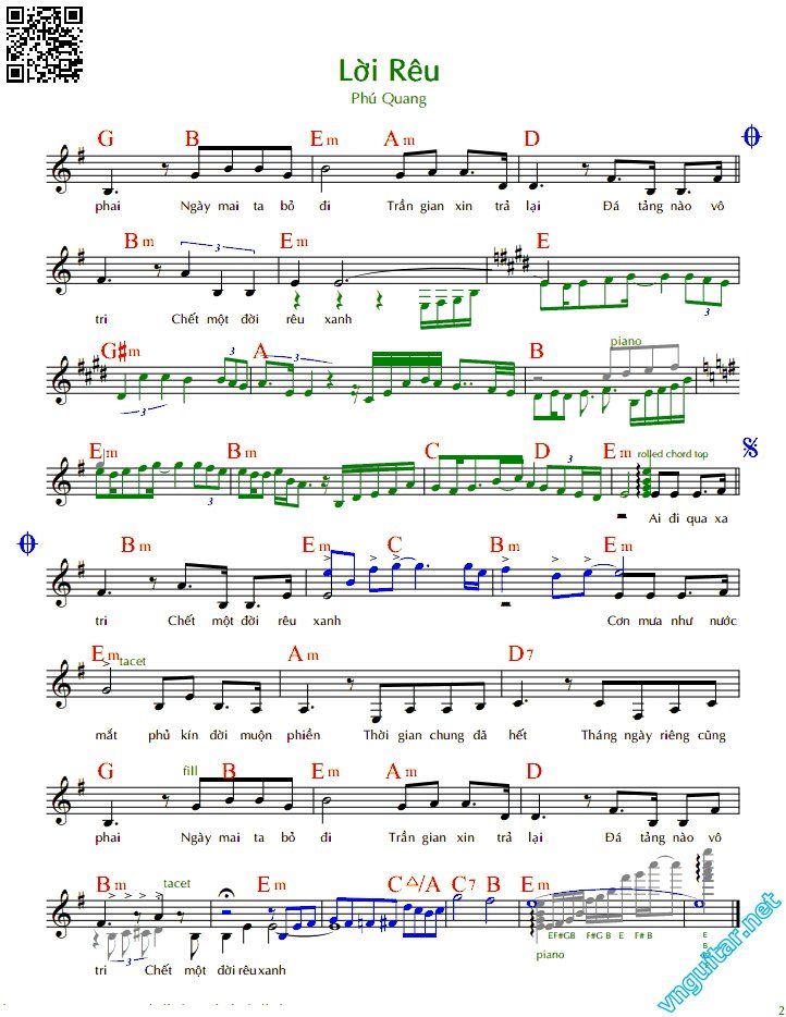 Trang 2 của Sheet nhạc PDF bài hát Lời rêu - Phú Quang, Ai đi qua xa vắng để chiều run một  mình