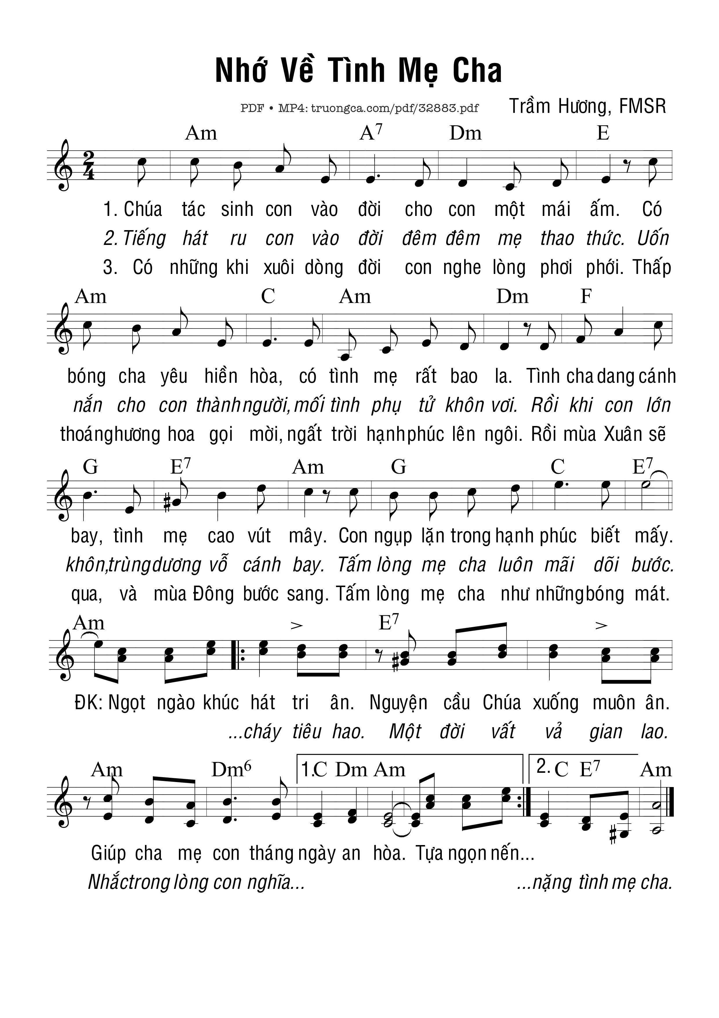 Sheet nhạc PDF bài Nhớ Về Tình Mẹ Cha