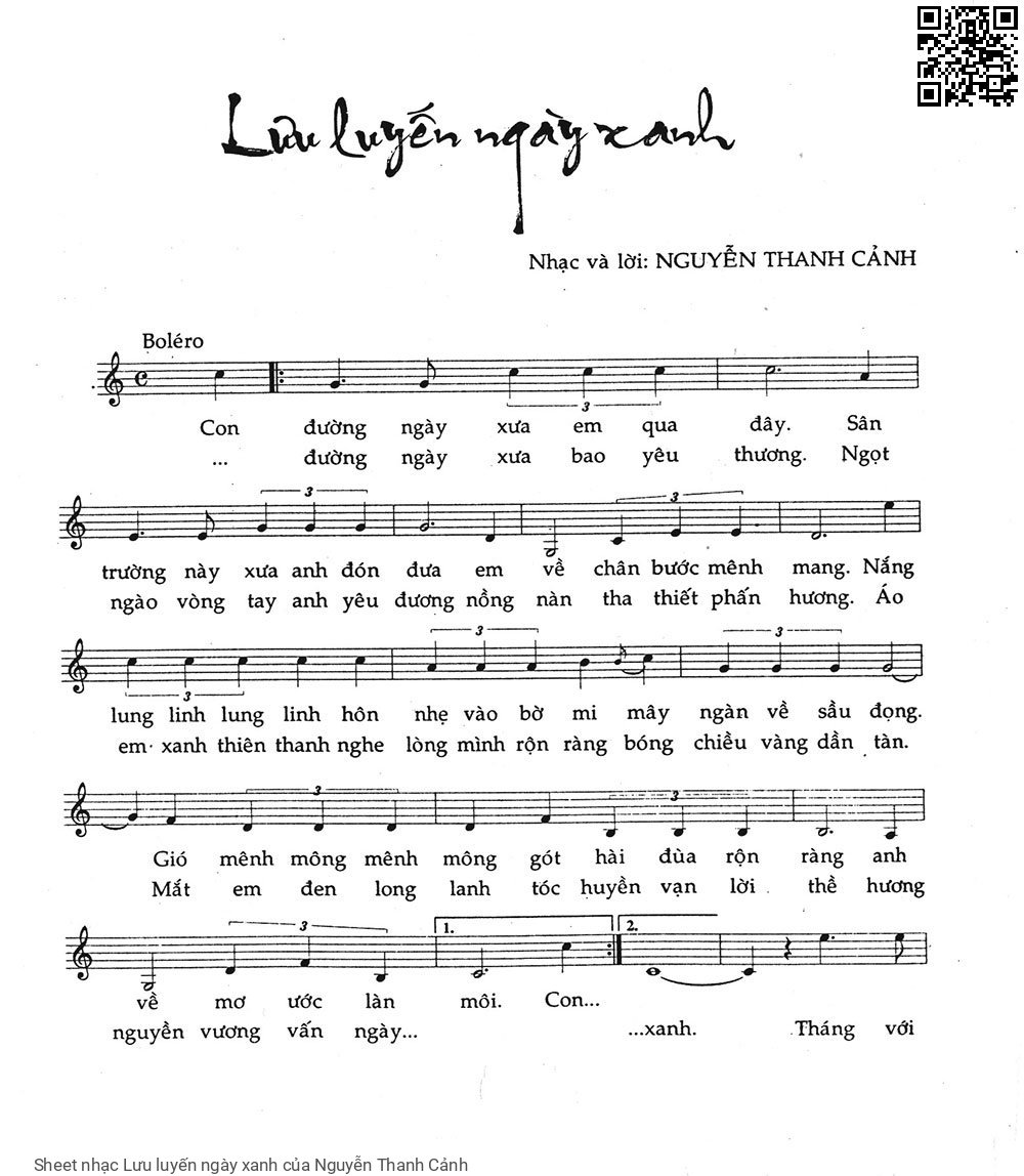 Trang 1 của Sheet nhạc PDF bài hát Lưu luyến ngày xanh - Nguyễn Thanh Cảnh, 1. Con  đường ngày xưa em qua  đây. Sân  trường này xưa anh đón  đưa Em  về chân bước mênh  mang