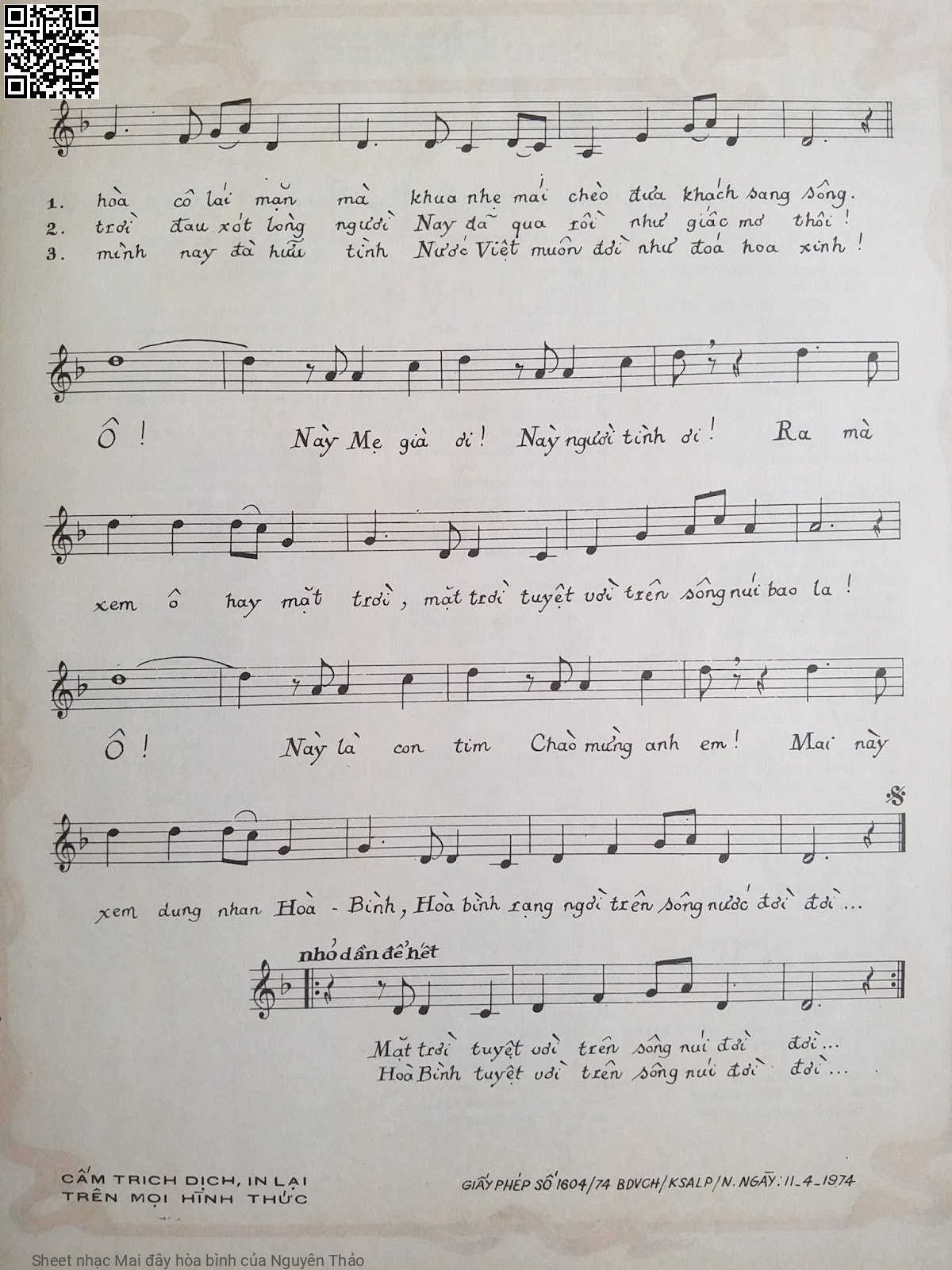 Trang 3 của Sheet nhạc PDF bài hát Mai đây hòa bình - Nguyên Thảo, 1.  Rồi ngày mai  đây hòa bình đã  về trên quê hương. Ta sẽ trở  lại thăm cánh đồng  vàng