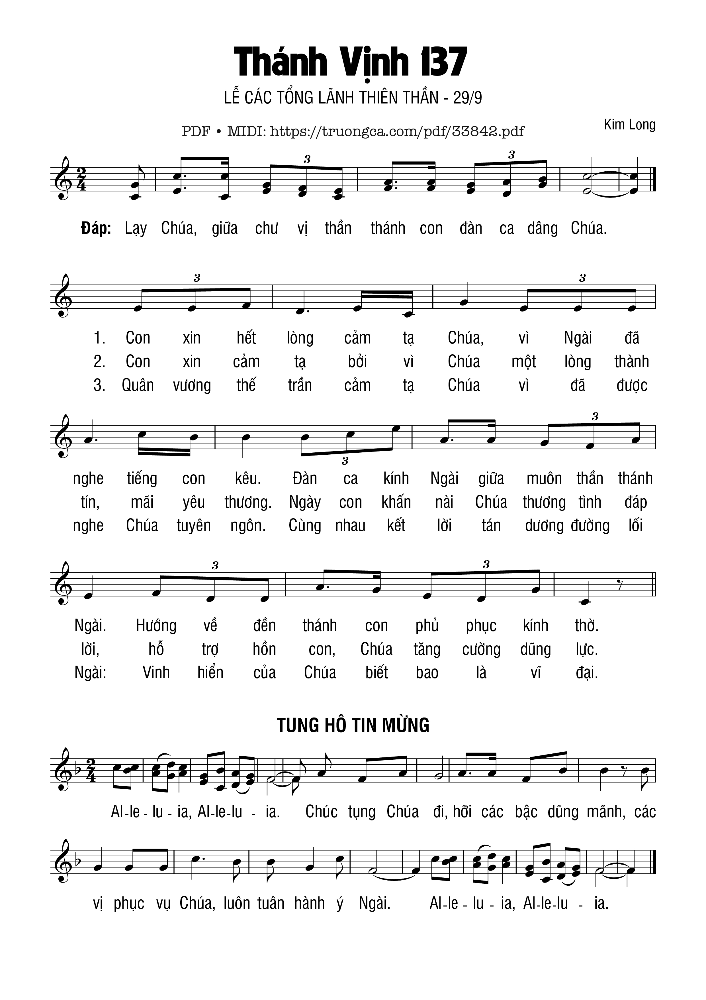 Trang 1 của Sheet nhạc PDF bài hát Thánh Vịnh 137, Lễ Các Tổng Lãnh Thiên Thần - Kim Long