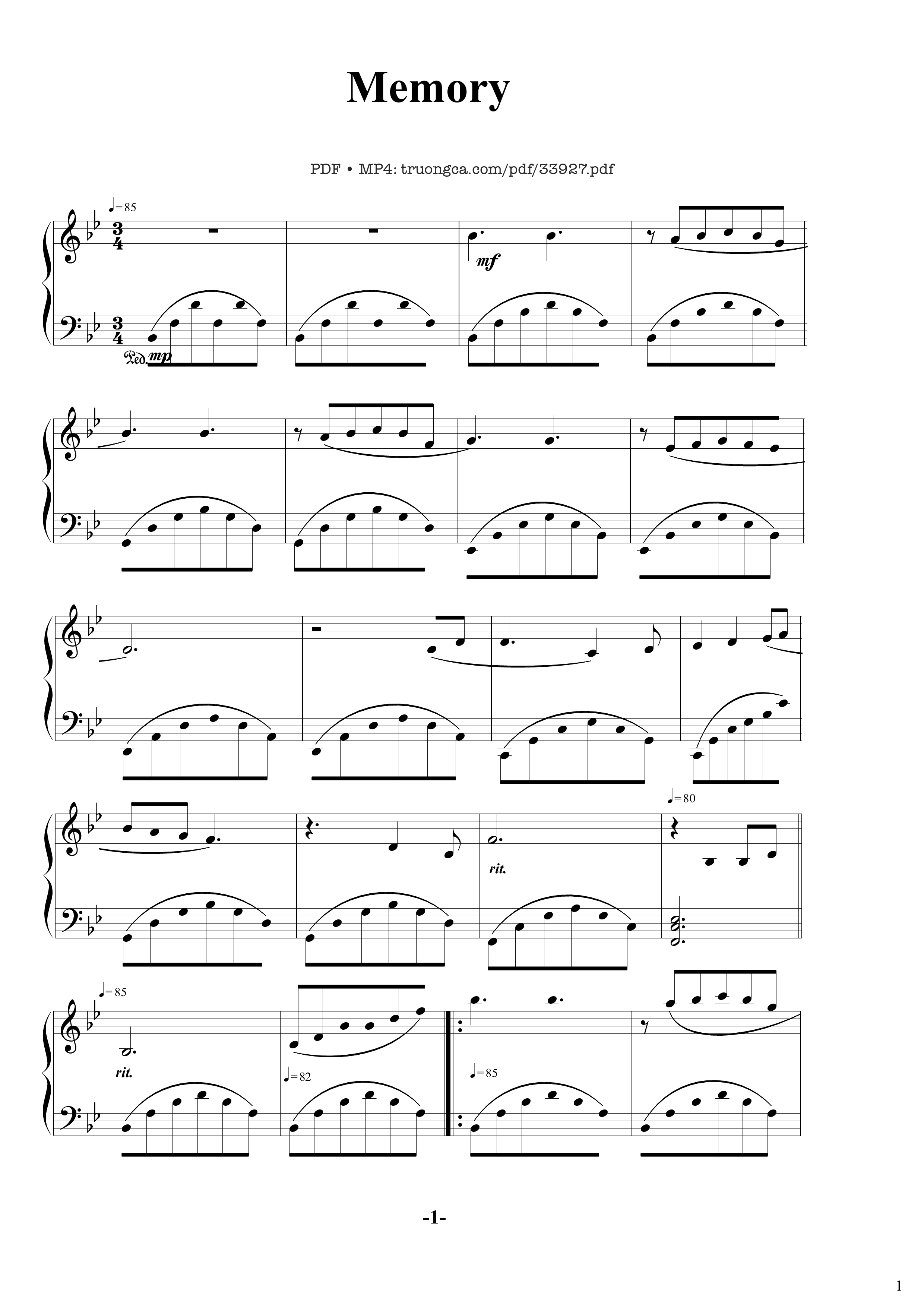 Trang 1 của Sheet nhạc PDF bài hát Memory Richard Clayderman Piano cover - Richard Clayderman