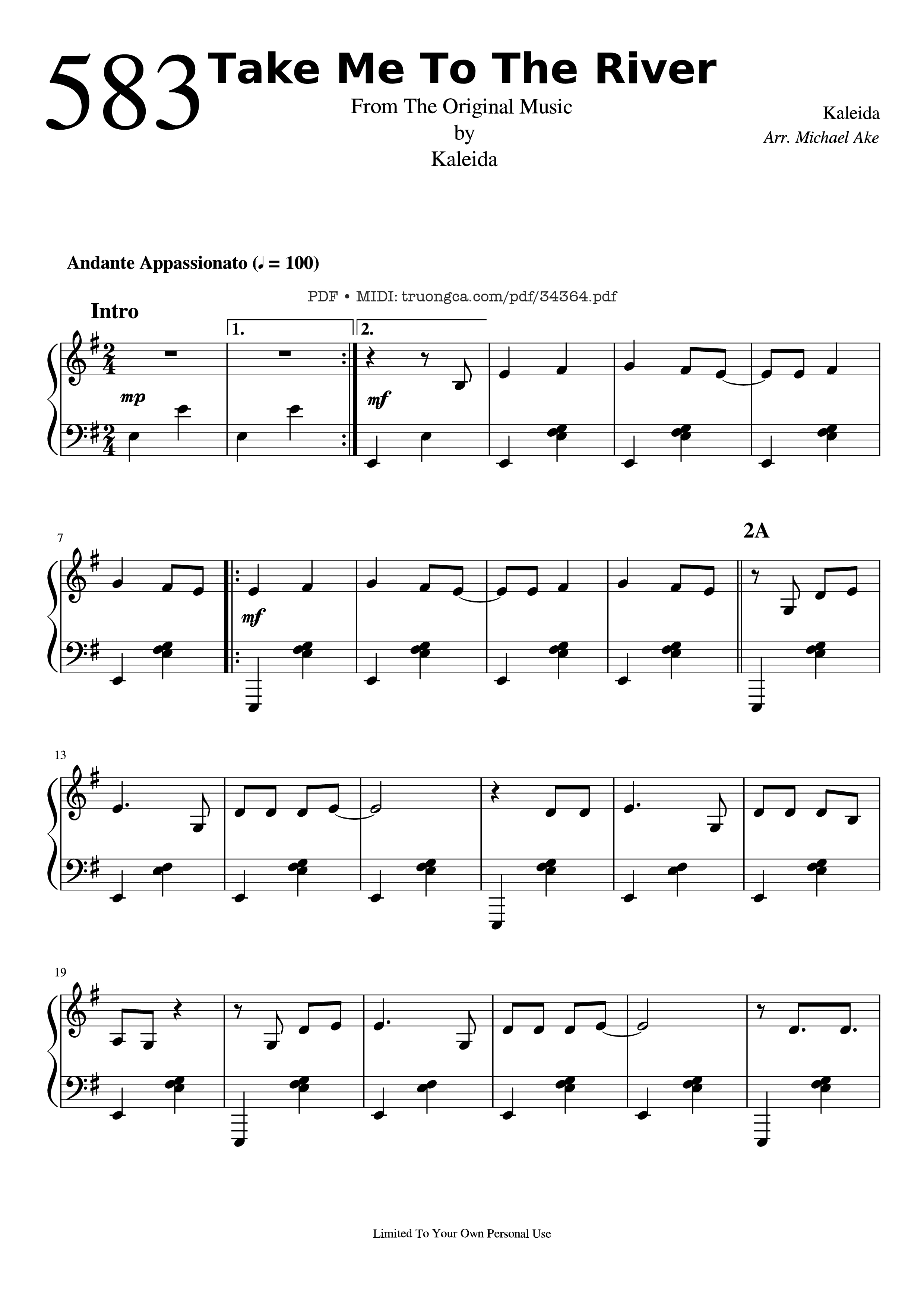 Trang 1 của Sheet nhạc PDF Piano bài hát Take Me To The River Piano - Kaleida