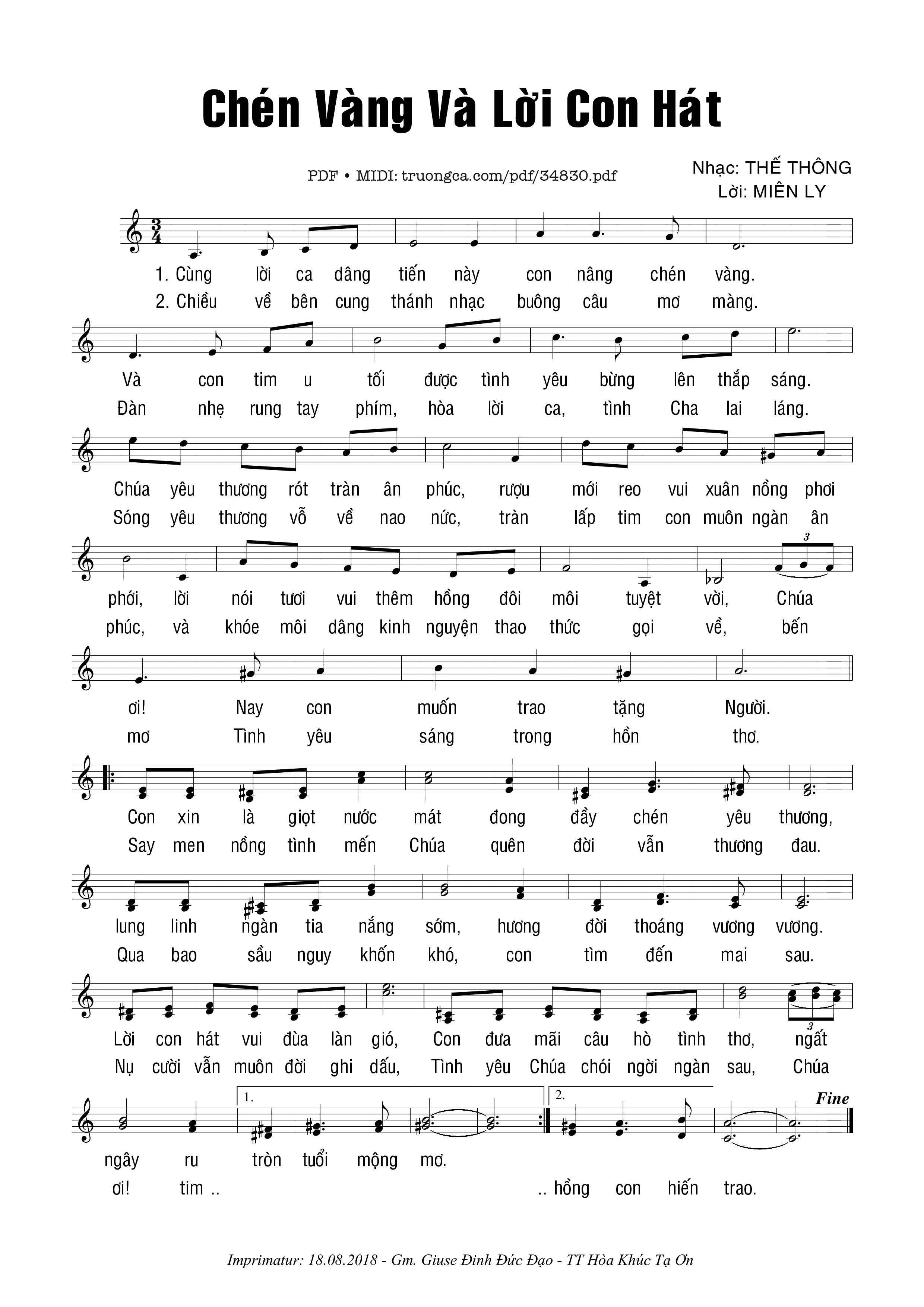Sheet nhạc PDF bài Chén Vàng Và Lời Con Hát