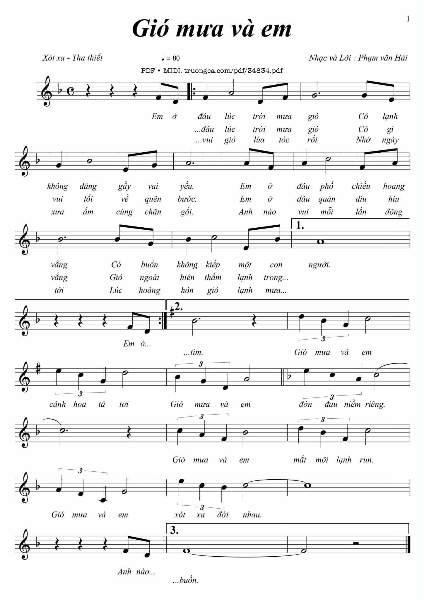 Sheet nhạc PDF bài Gió mưa và em