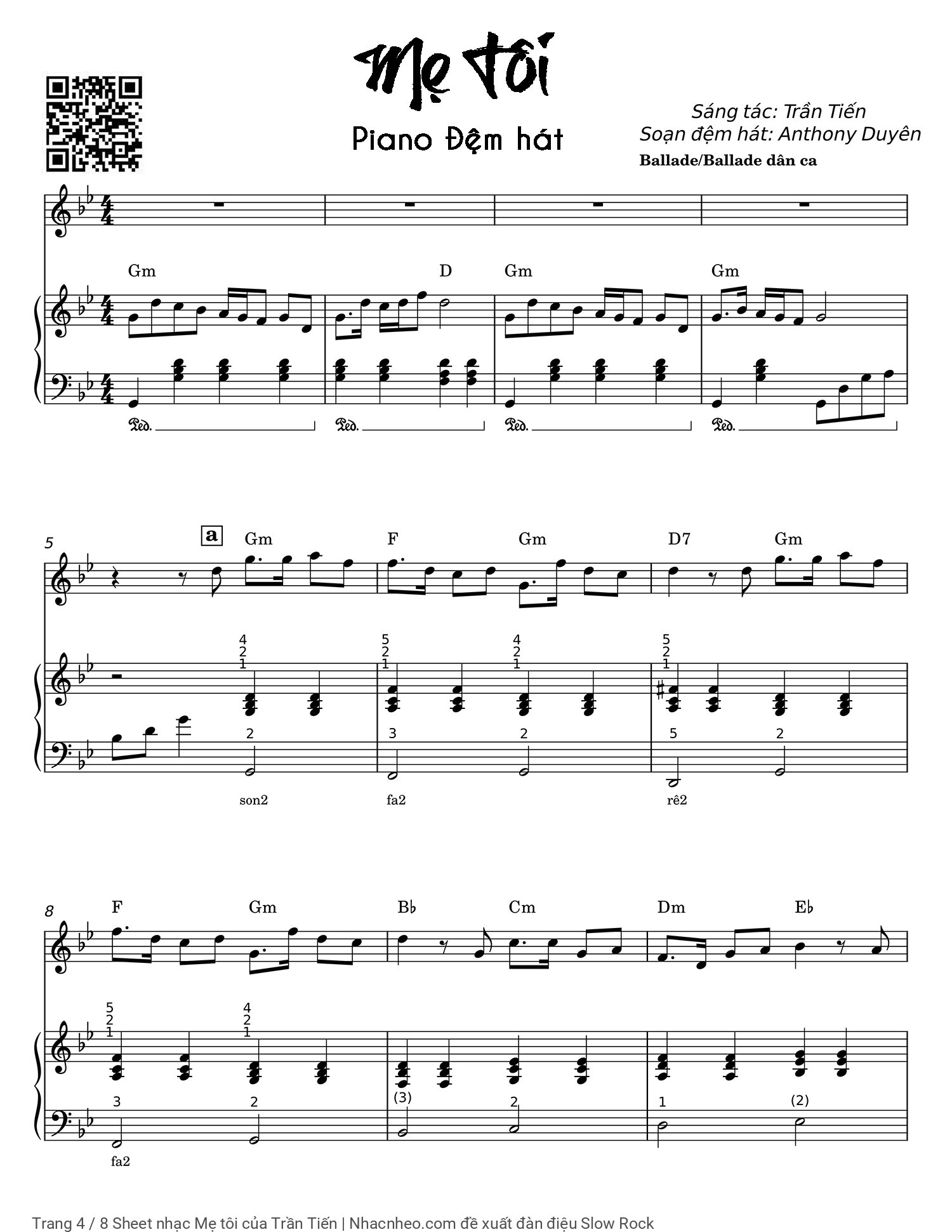 Trang 4 của Sheet nhạc PDF Piano bài hát Mẹ tôi - Trần Tiến, Có sheet Piano đệm hát..  1. Mẹ  ơi con đã già  rồi con ngồi nhớ  mẹ khóc như trẻ  con