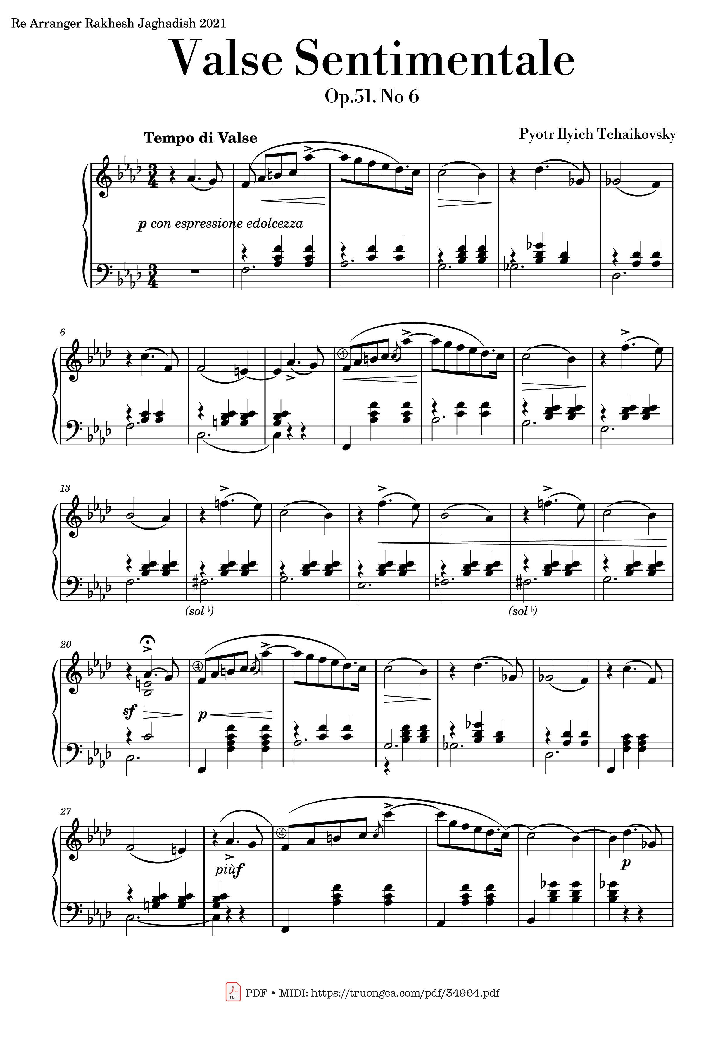 Sheet nhạc PDF bài Valse Sentimentale Piano, Tchaikovsky