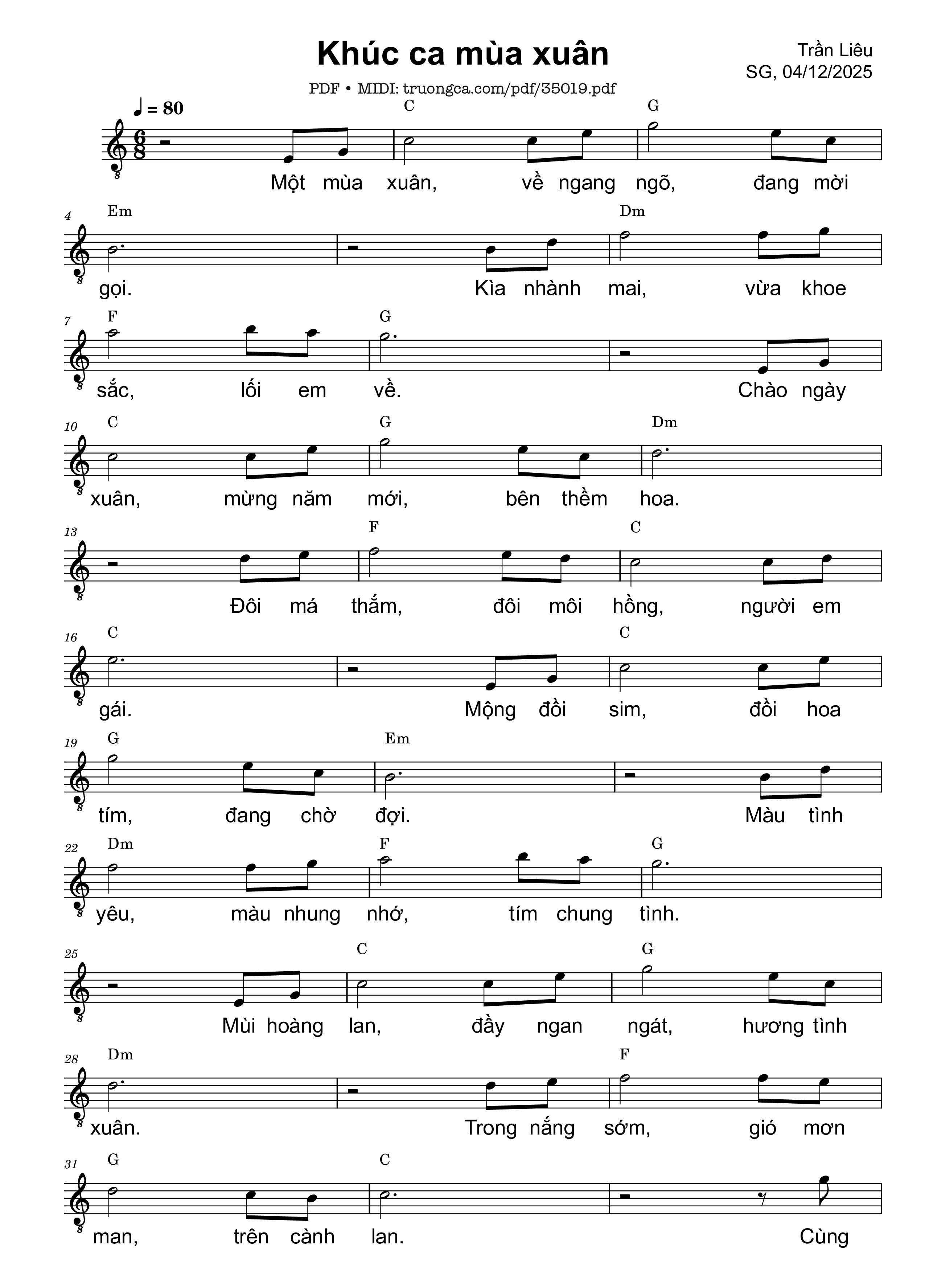 Trang 1 của Sheet nhạc PDF bài hát Khúc ca mùa xuân - Trần Liêu