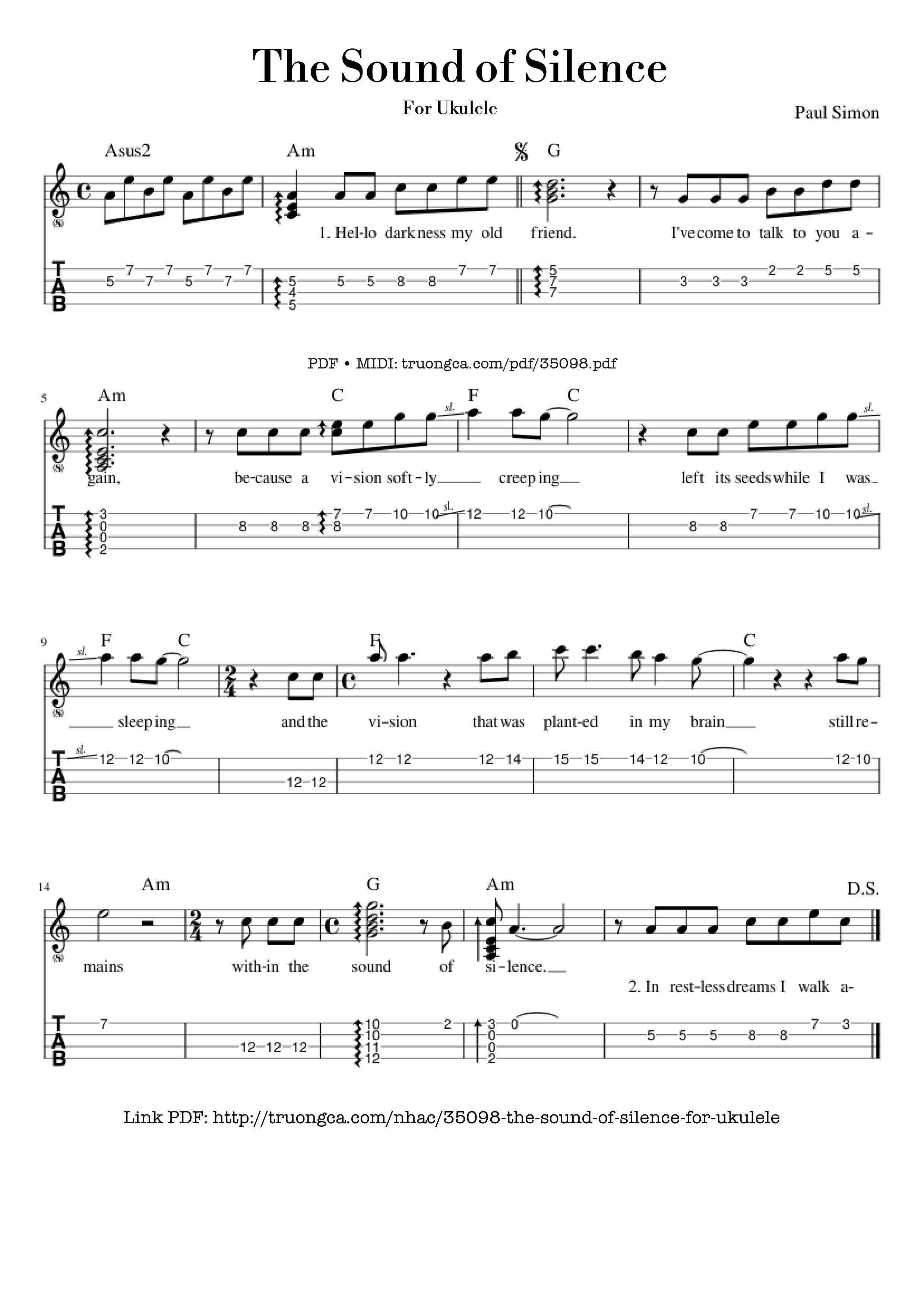 Trang 1 của Sheet nhạc PDF bài hát The Sound of Silence for Ukulele - Paul Simon