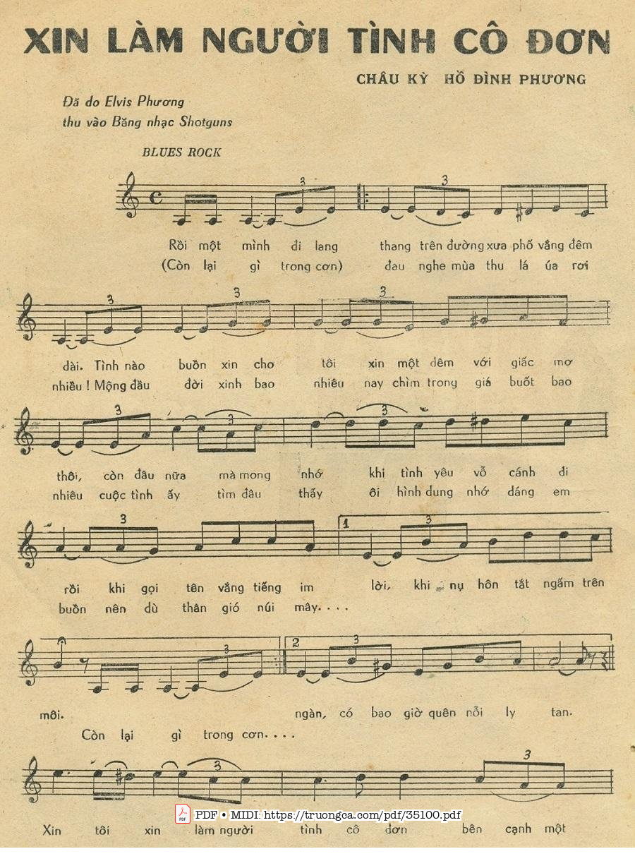Trang 1 của Sheet nhạc PDF bài hát Xin làm người tình cô đơn - Hồ Đình Phương
