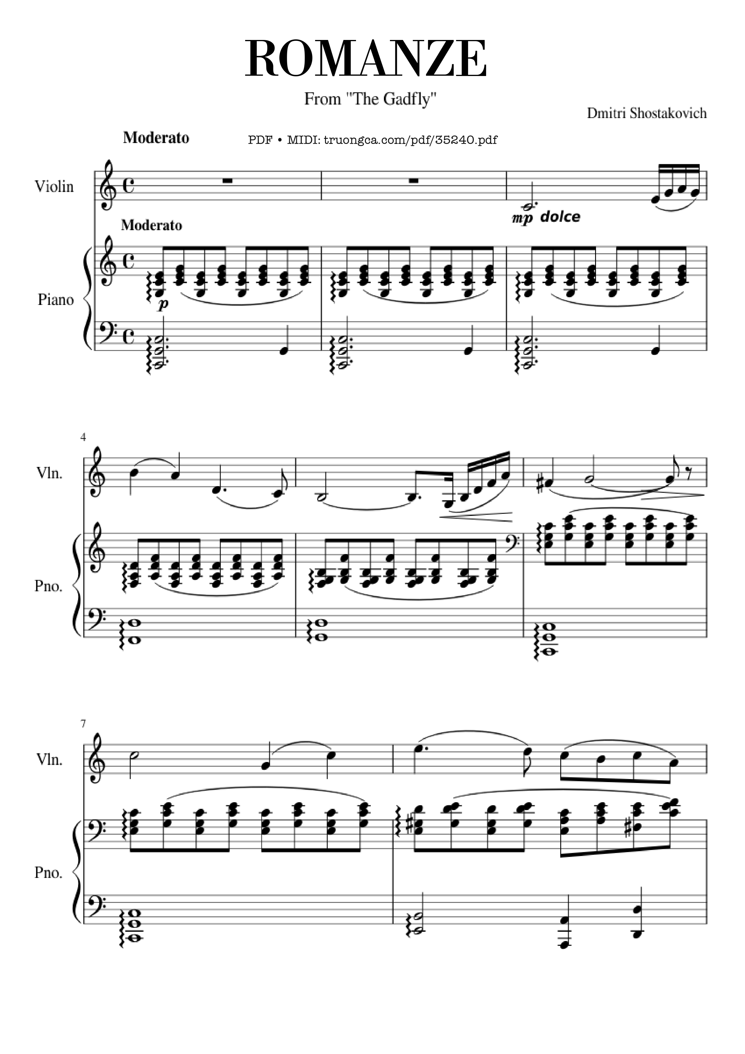 Trang 1 của Sheet nhạc PDF Piano bài hát Shostakovich Romance (From The Gadfly) Piano & Violin - Dmitri Shostakovich