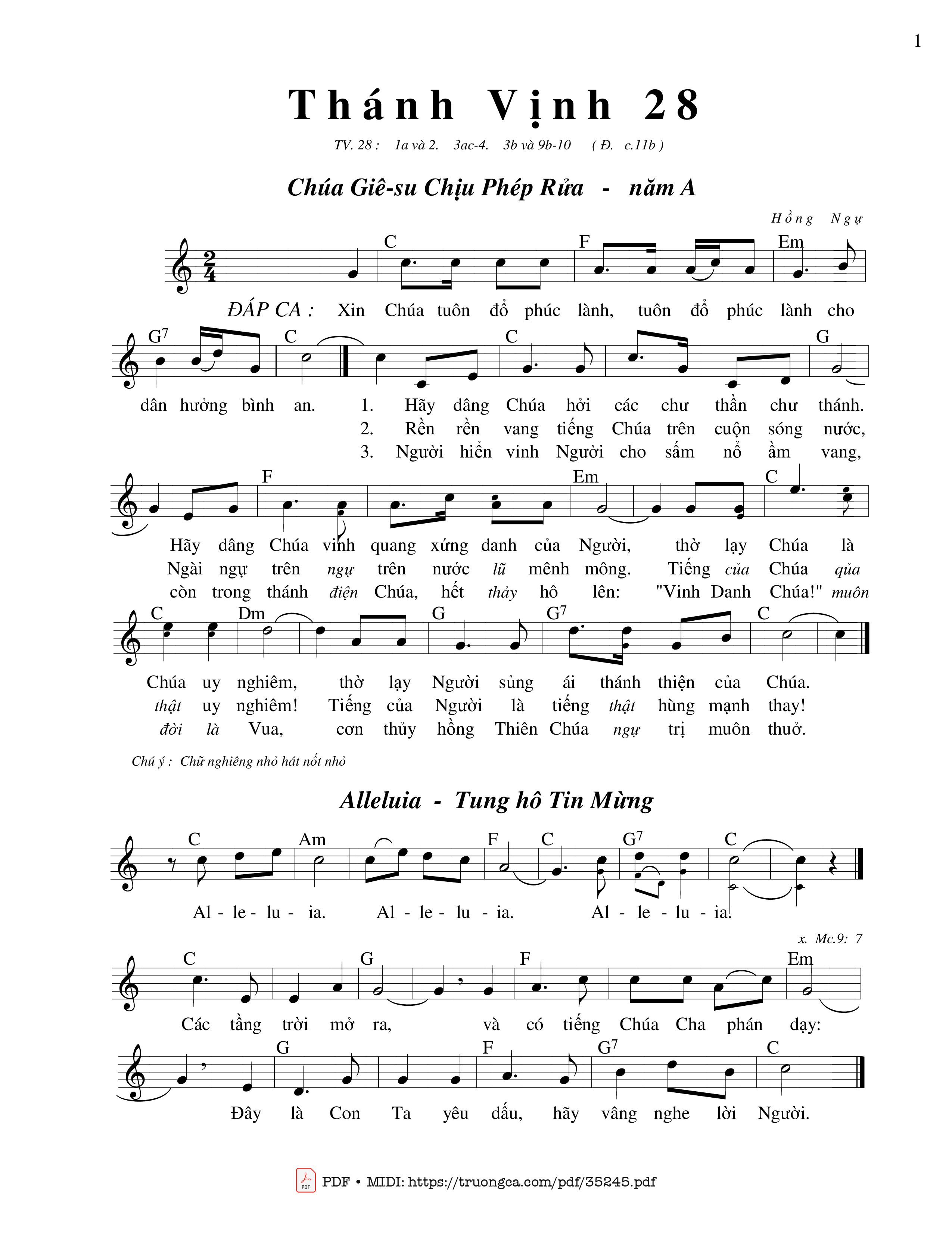 Trang 1 của Sheet nhạc PDF bài hát Thánh Vịnh 28, Chúa Giêsu Chịu Phép Rửa - Hồng Ngự