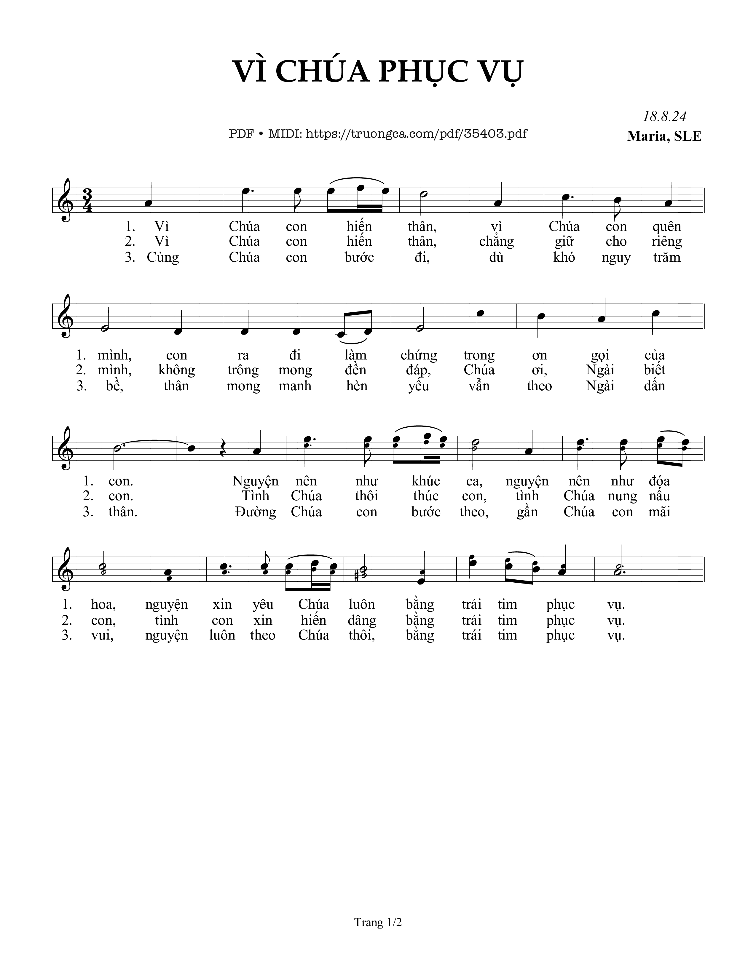 Trang 1 của Sheet nhạc PDF bài hát Vì Chúa Phục Vụ - Sr. Maria, Sle