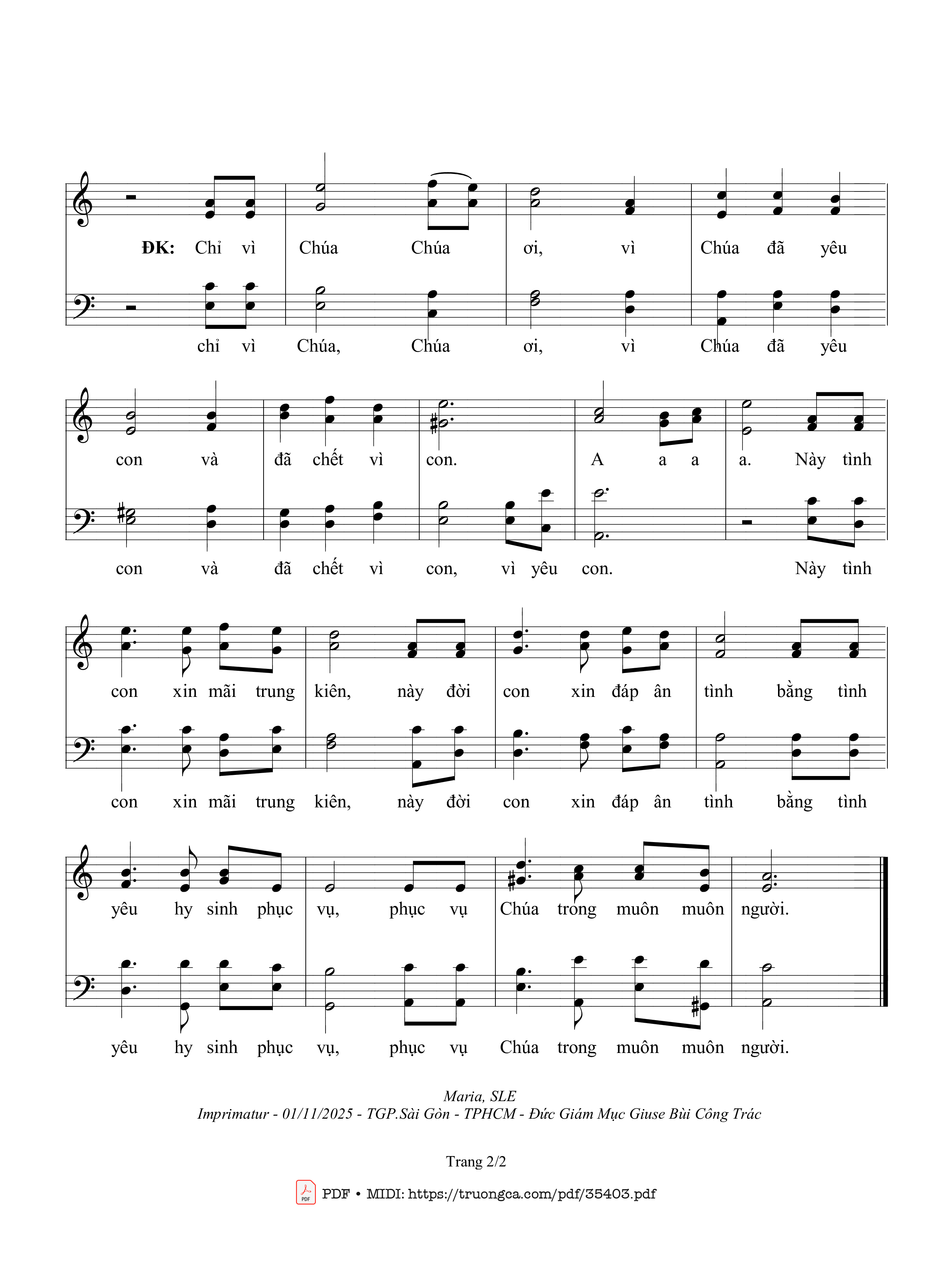 Trang 2 của Sheet nhạc PDF bài hát Vì Chúa Phục Vụ - Sr. Maria, Sle