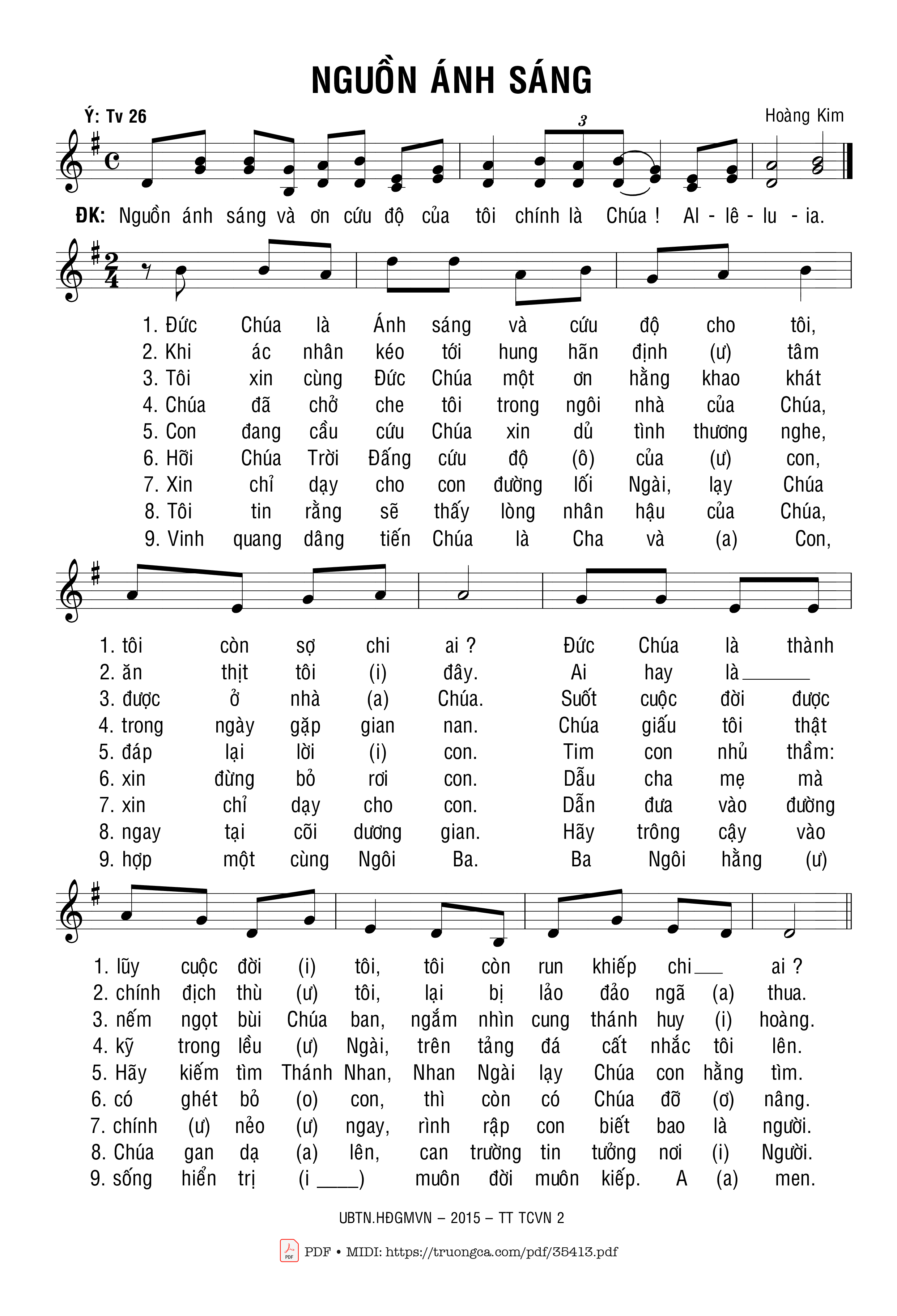 Trang 1 của Sheet nhạc PDF bài hát Thánh Vịnh 26, Nguồn Ánh Sáng - Hoàng Kim