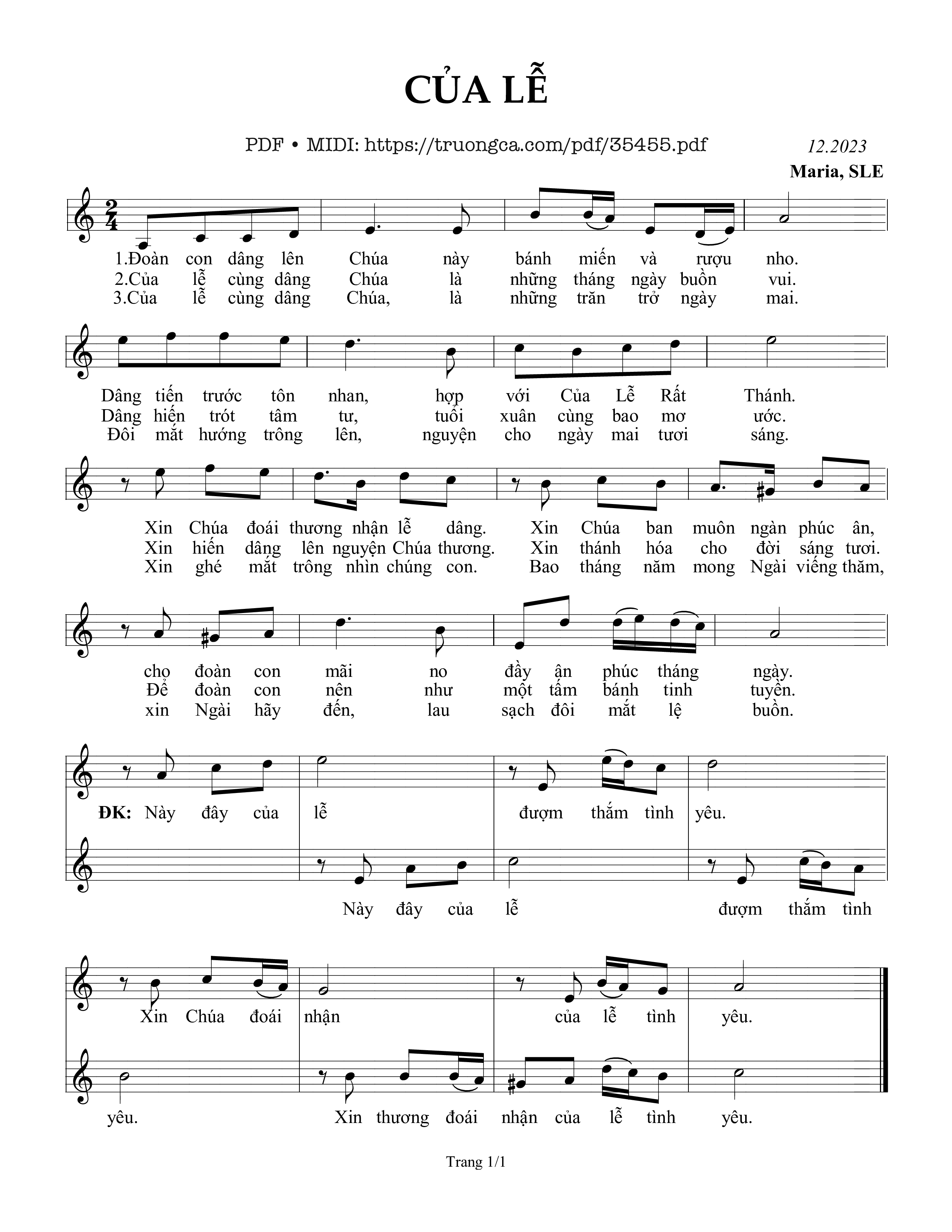 Trang 1 của Sheet nhạc PDF bài hát Của Lễ - Sr. Maria, Sle