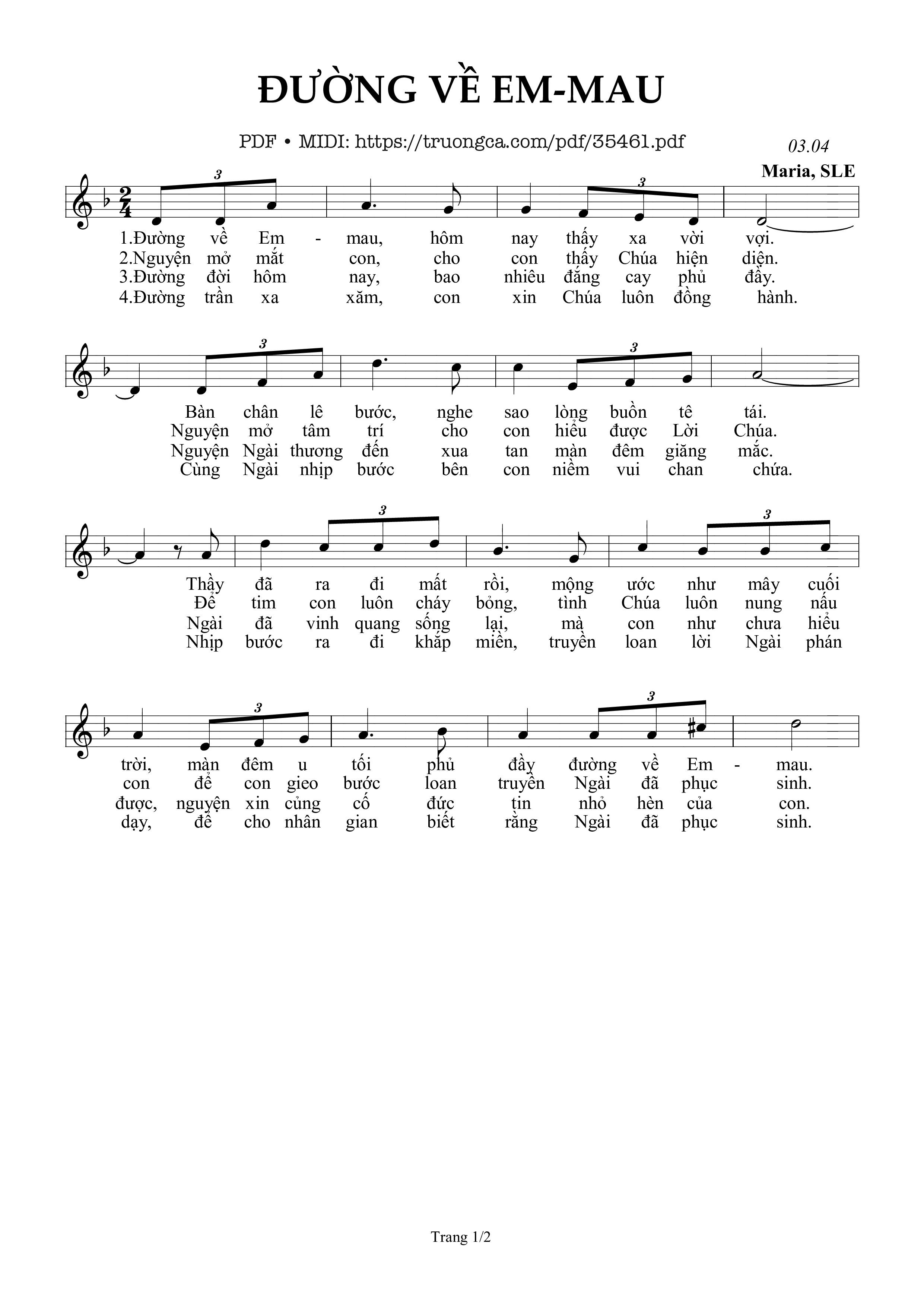 Trang 1 của Sheet nhạc PDF bài hát Đường Về Em-Mau - Sr. Maria, Sle