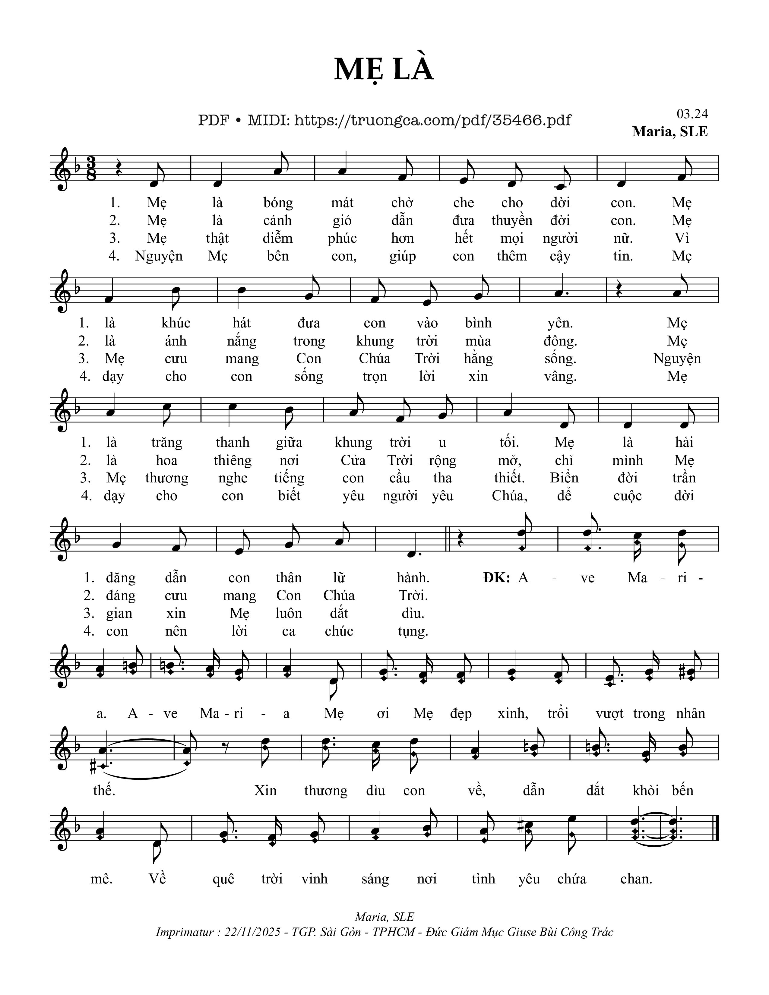 Sheet nhạc Mẹ Là - Sr. Maria, Sle