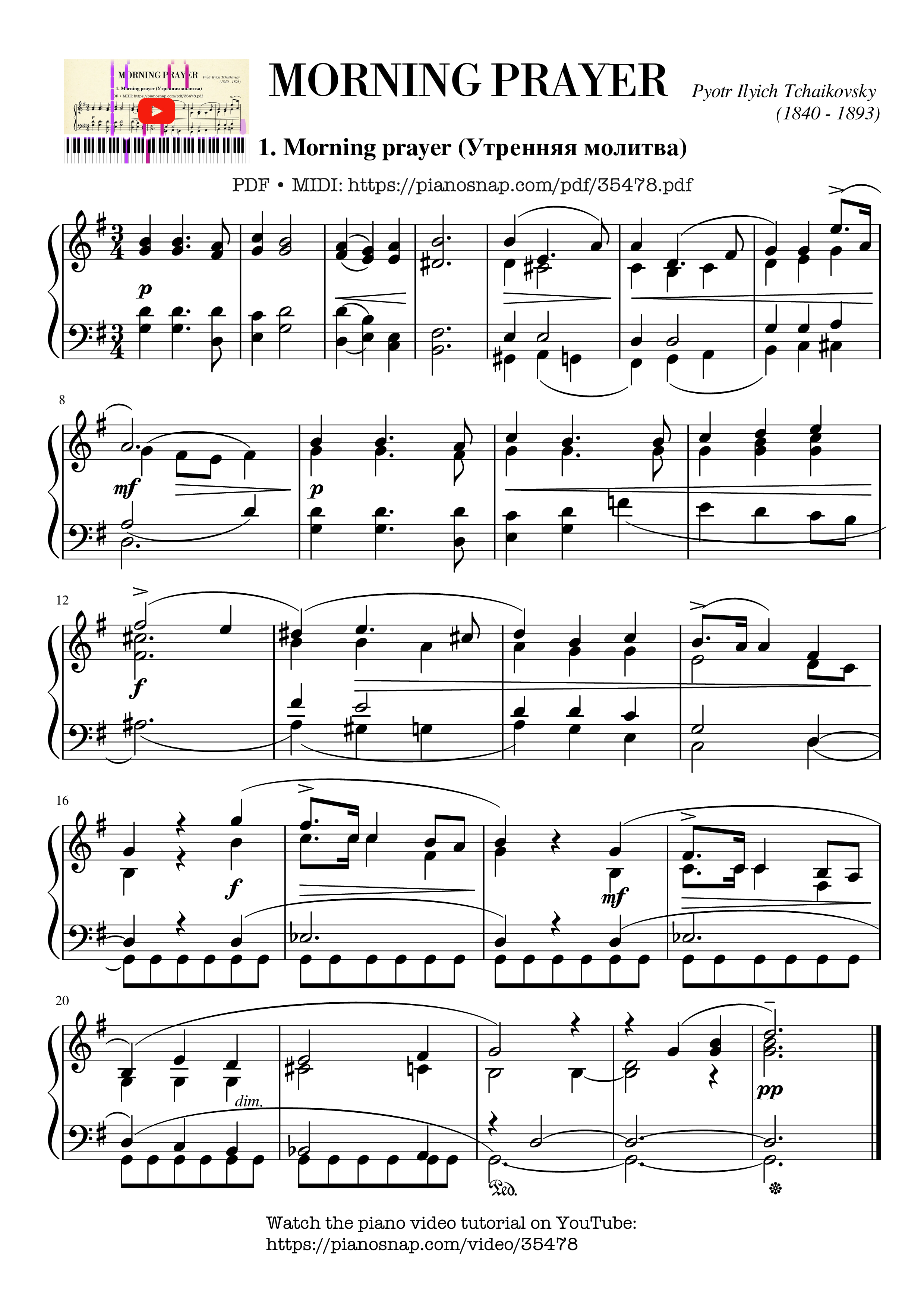 Trang 1 của Sheet nhạc PDF Piano bài hát Tchaikovsky Morning prayer Piano - Pyotr Ilyich Tchaikovsky