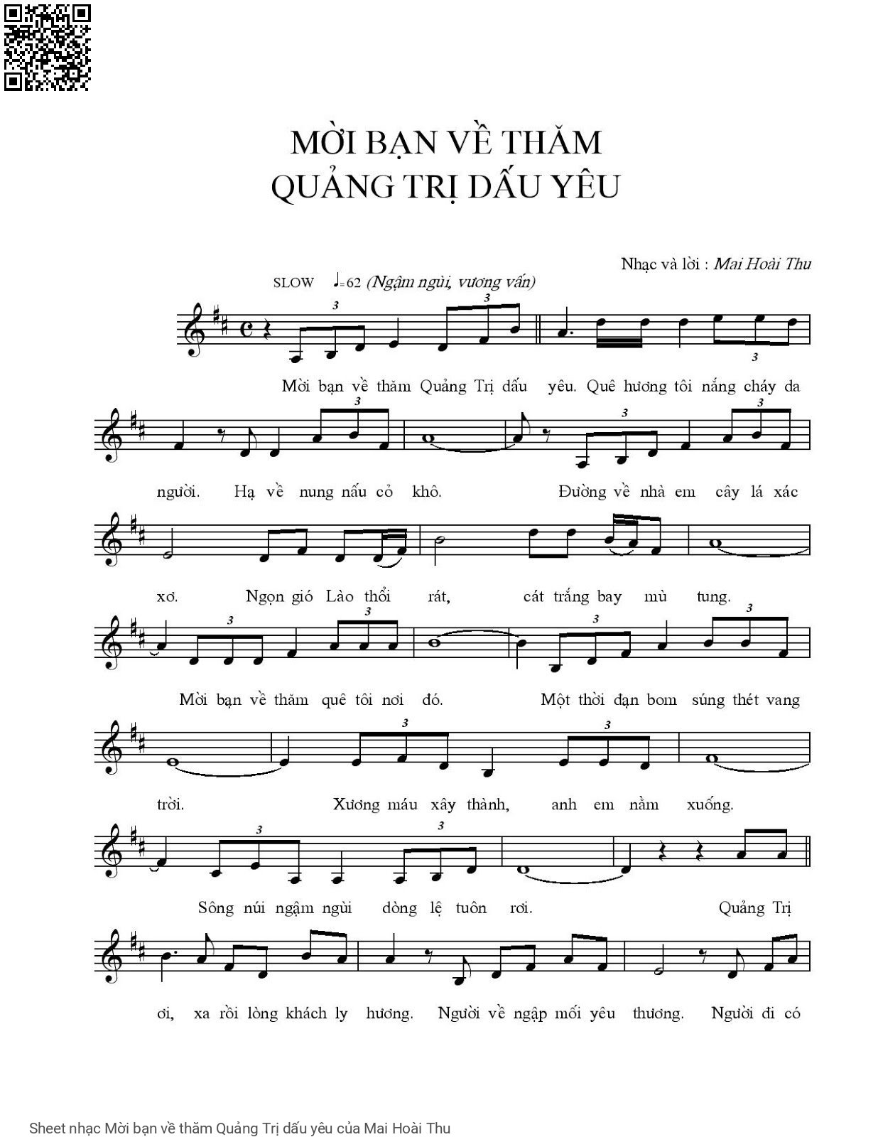 Trang 1 của Sheet nhạc PDF bài hát Mời bạn về thăm Quảng Trị dấu yêu - Mai Hoài Thu, Mời bạn về  thăm Quảng Trị dấu  yêu. Quê hương  tôi, nắng cháy da  người Hạ  về nung nấu cỏ  khô