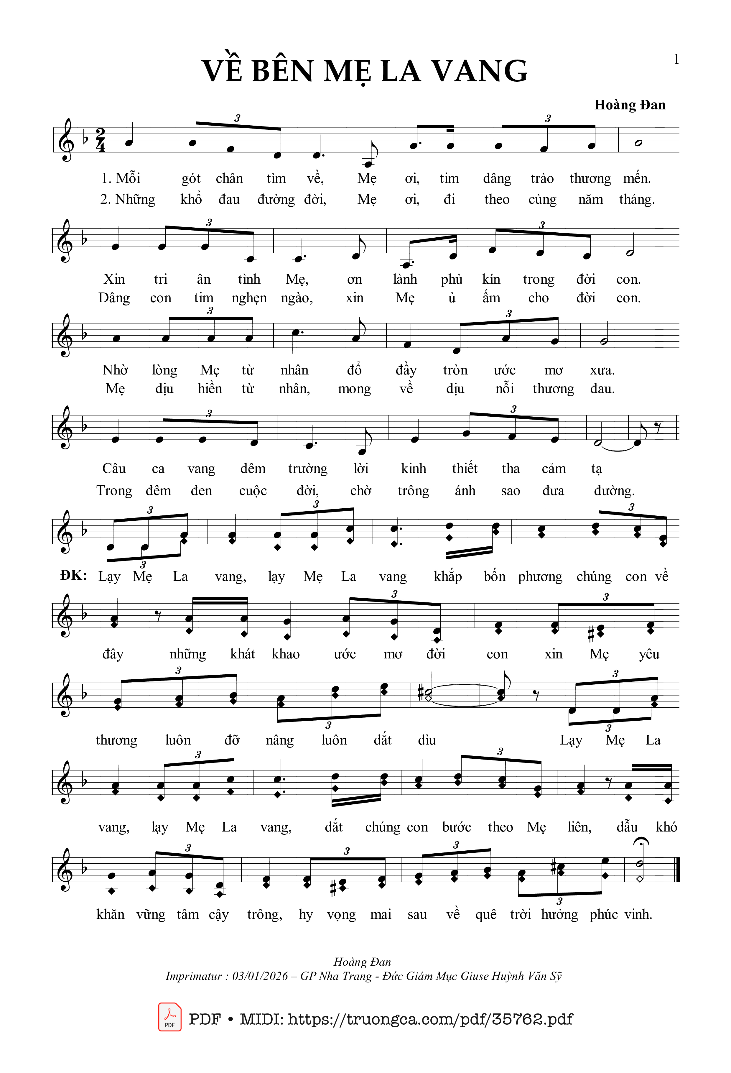 Trang 1 của Sheet nhạc PDF bài hát Về Bên Mẹ La Vang - Hoàng Đan