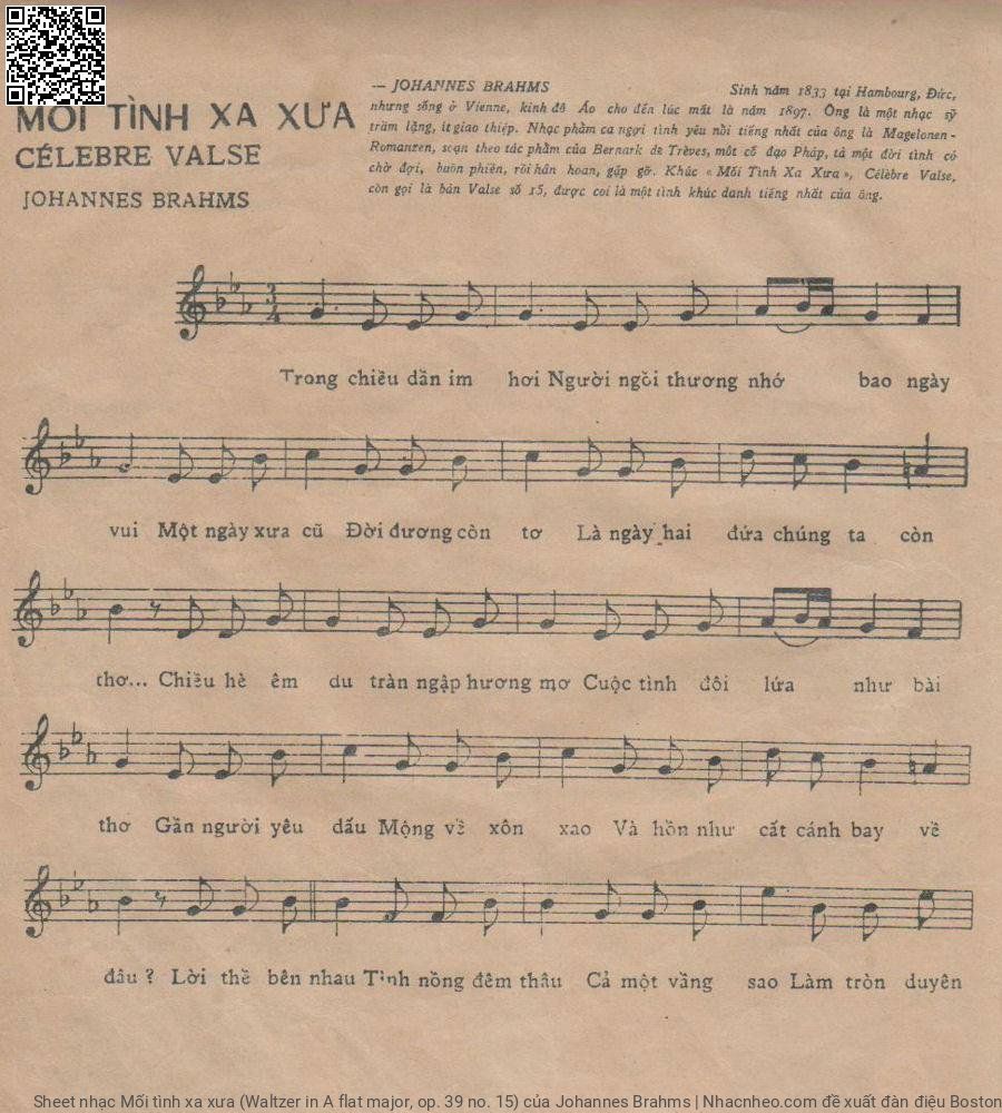 Trang 1 của Sheet nhạc PDF bài hát Mối tình xa xưa (Waltzer in A flat major, op. 39 no. 15) - Johannes Brahms, 1.  Trong chiều dần im hơi. Người ngồi thương  nhớ bao ngày  vui Một ngày xưa  cũ, đời còn đương tơ