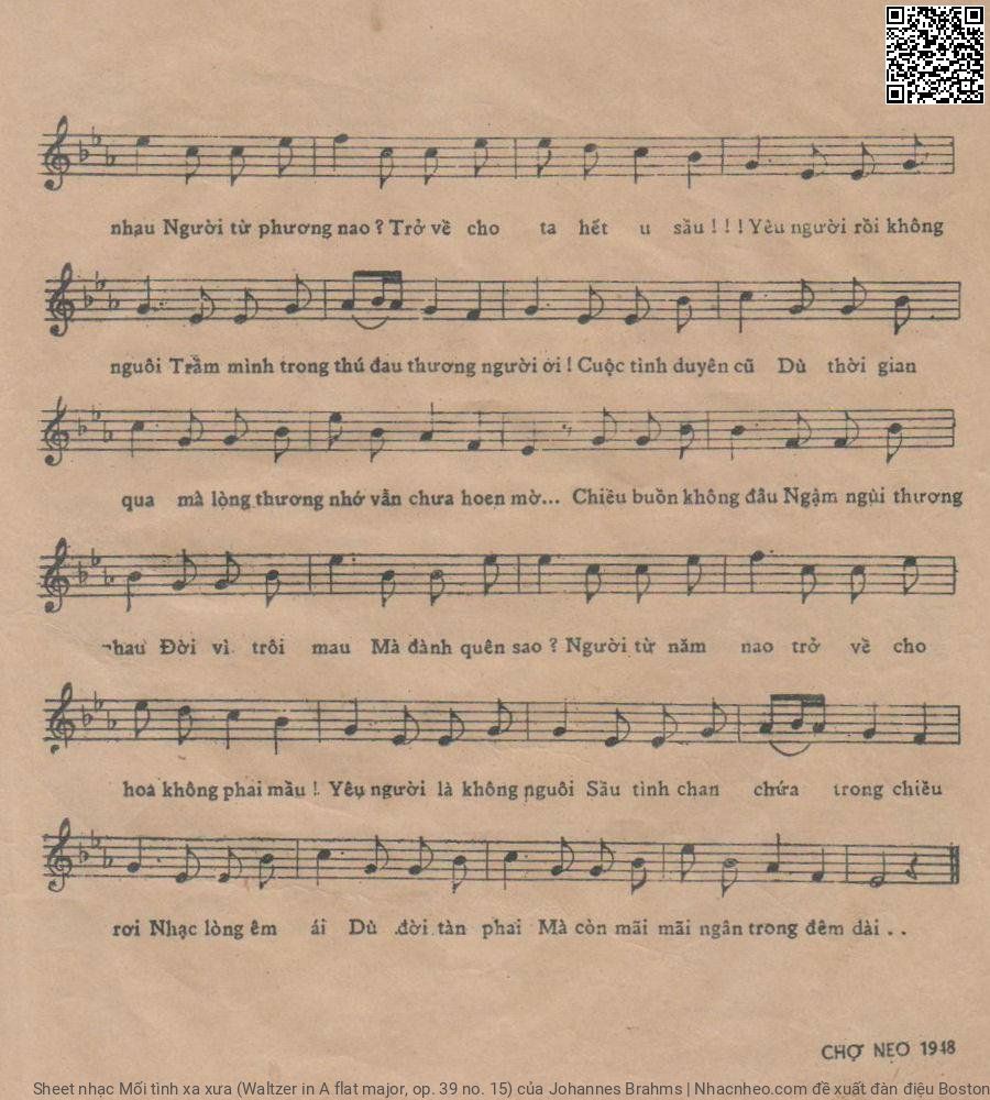 Trang 2 của Sheet nhạc PDF bài hát Mối tình xa xưa (Waltzer in A flat major, op. 39 no. 15) - Johannes Brahms, 1.  Trong chiều dần im hơi. Người ngồi thương  nhớ bao ngày  vui Một ngày xưa  cũ, đời còn đương tơ