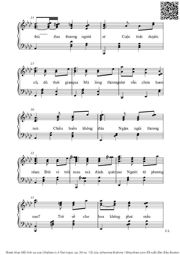 Trang 5 của Sheet nhạc PDF bài hát Mối tình xa xưa (Waltzer in A flat major, op. 39 no. 15) - Johannes Brahms, 1.  Trong chiều dần im hơi. Người ngồi thương  nhớ bao ngày  vui Một ngày xưa  cũ, đời còn đương tơ