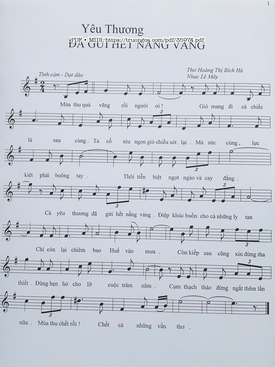 Trang 1 của Sheet nhạc PDF bài hát Yêu thương đã gửi hết nắng vàng - Lê Máy