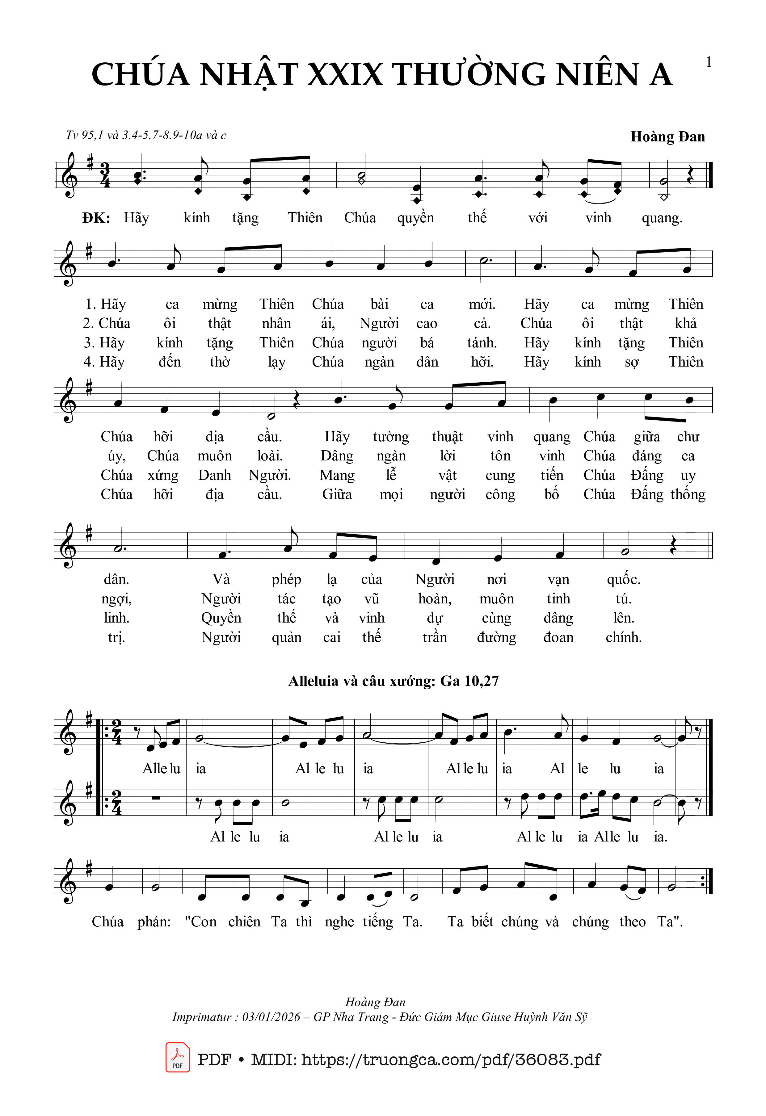 Trang 1 của Sheet nhạc PDF bài hát Chúa Nhật 29 Thường Niên A (Tv 95) - Hoàng Đan