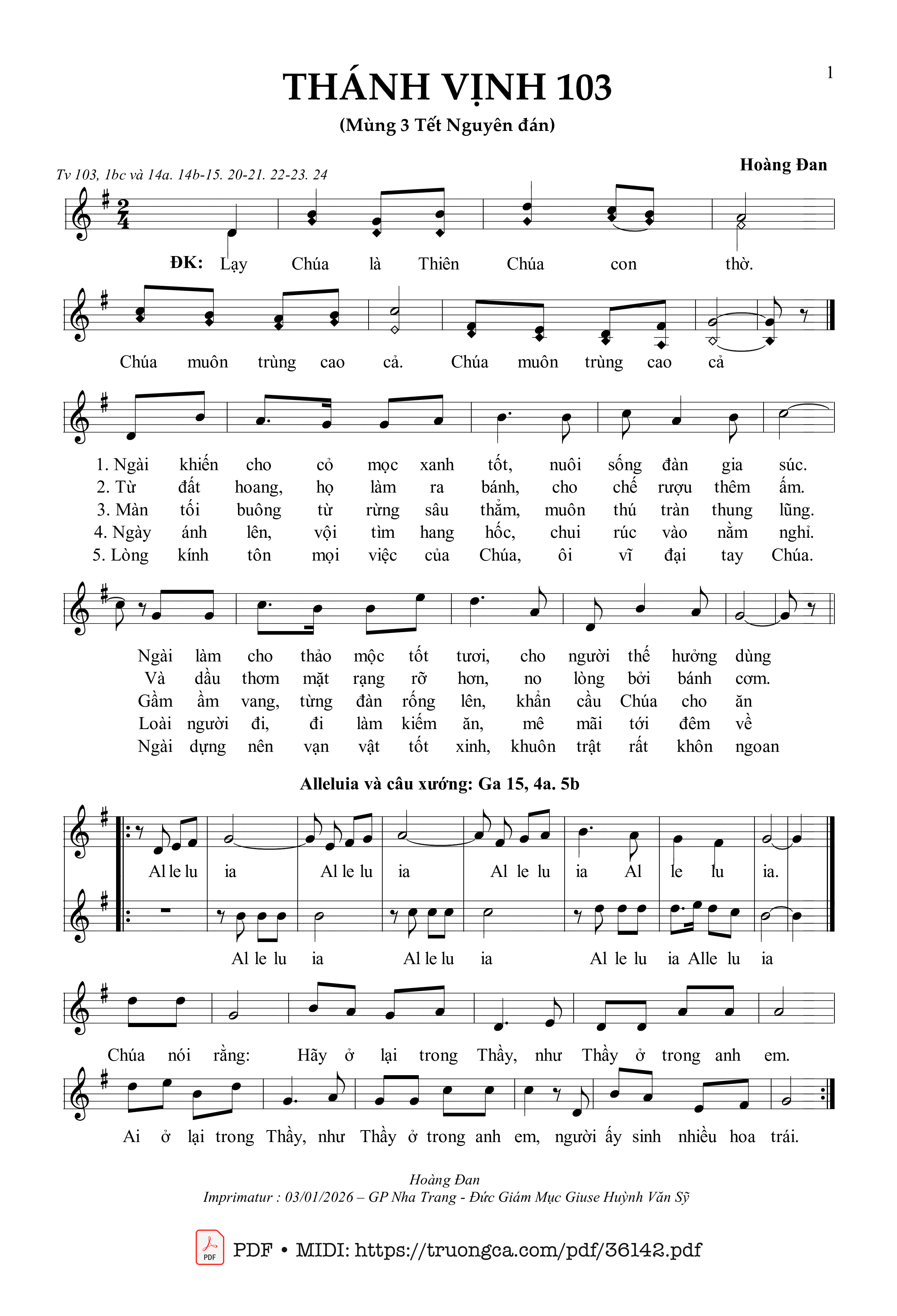 Trang 1 của Sheet nhạc PDF bài hát Thánh Vịnh 103 (Lễ Mùng 3 Tết Nguyên Đán) - Hoàng Đan