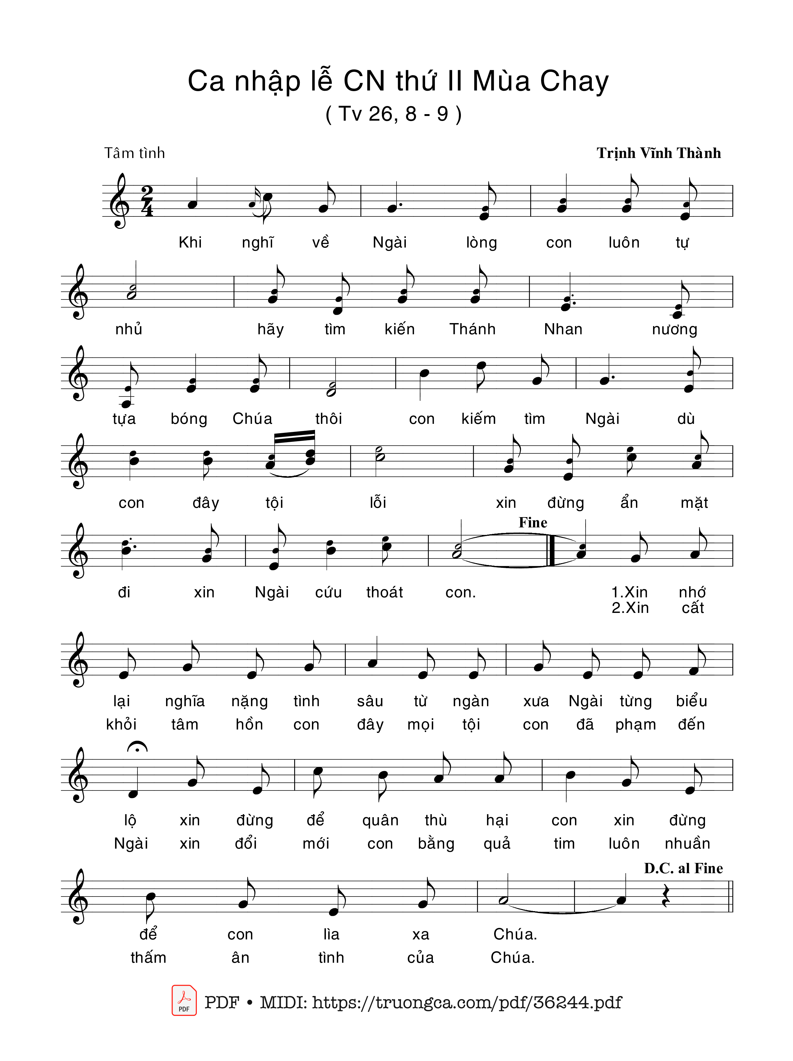 Sheet nhạc Thánh Vịnh 26, Ca Nhập Lễ Chúa Nhật 2 Mùa Chay