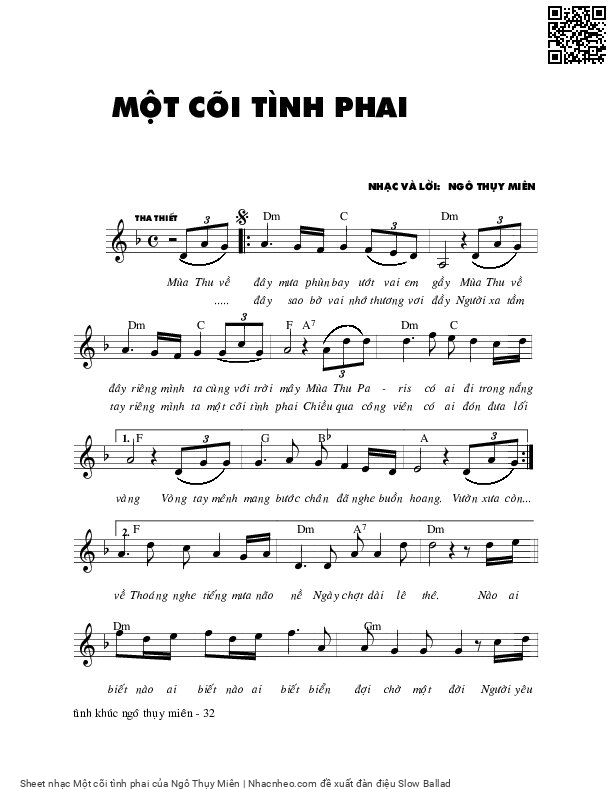 Trang 1 của Sheet nhạc PDF bài hát Một cõi tình phai - Ngô Thụy Miên, 1. Mùa thu về  đây mưa phùn  bay ướt vai em  gầy